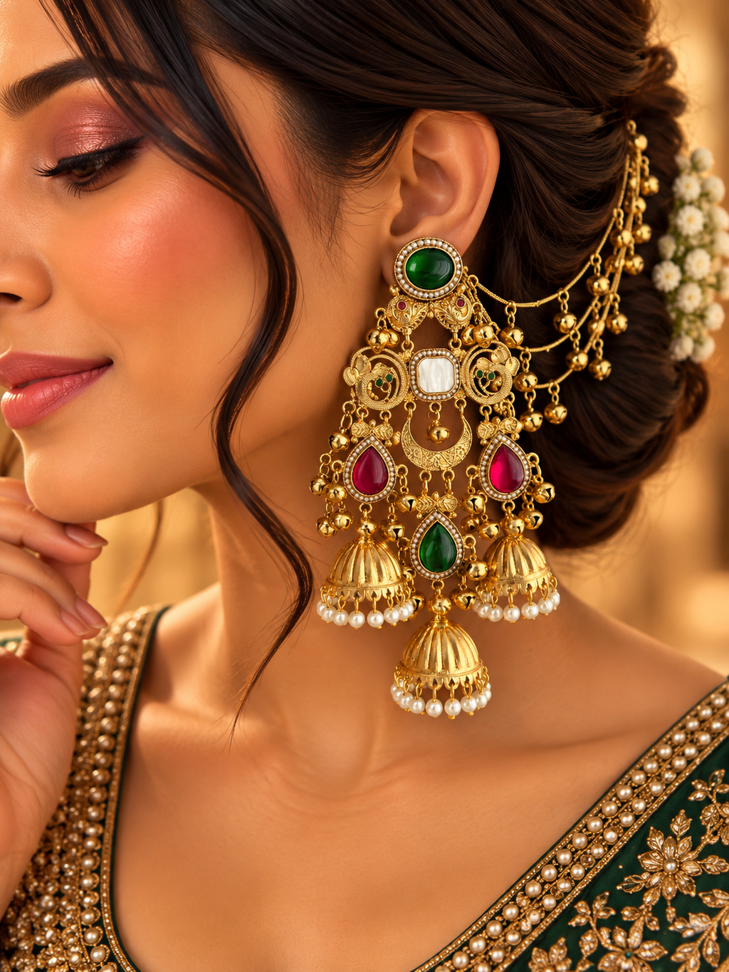 Vamika Long Kashmiri Earrings With Detachable Earchain (Maroon & Green)