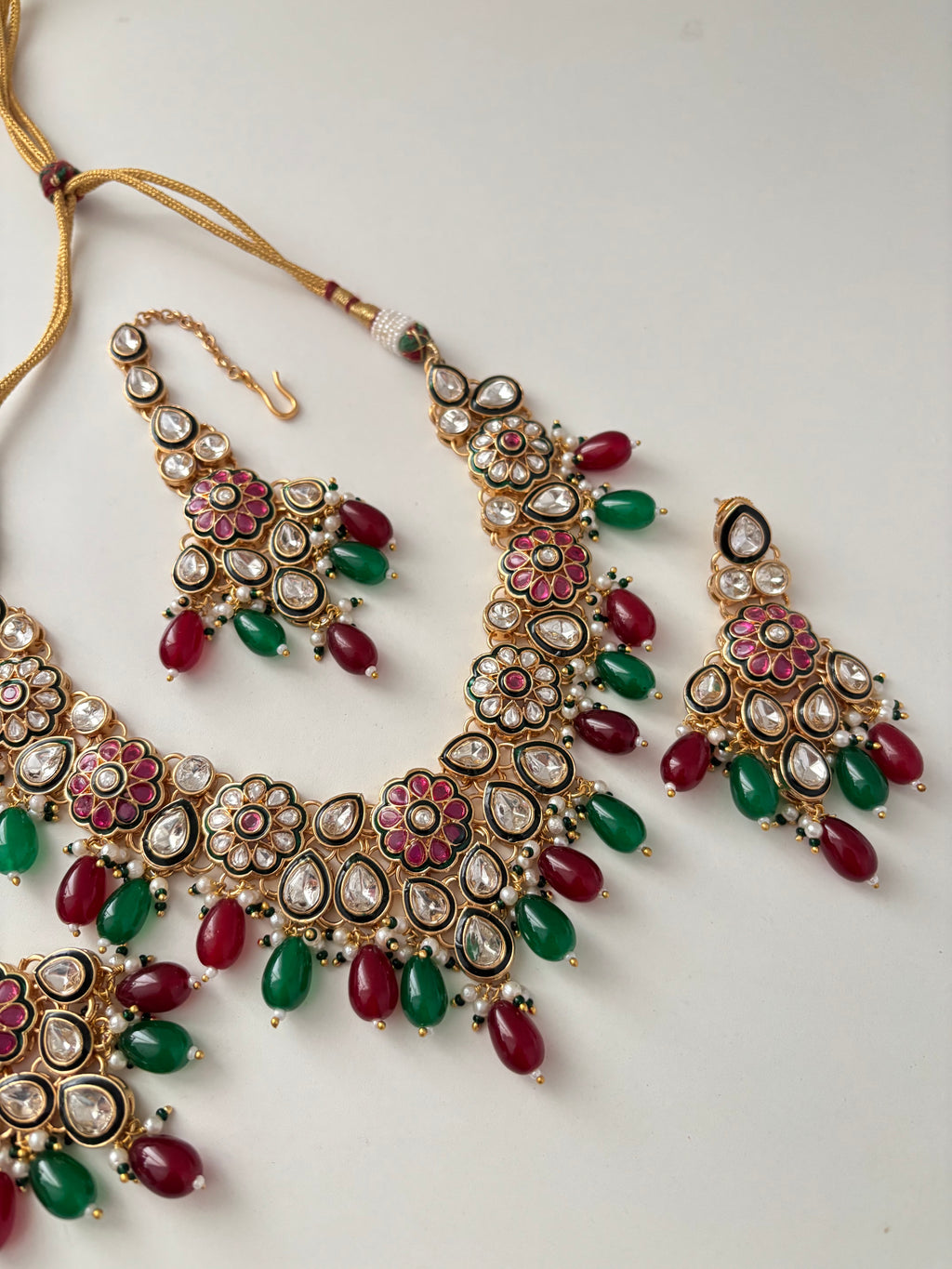 Tanisha Premium Moissanite Necklace With Mang Tikka & Earrings (Maroon/Green)