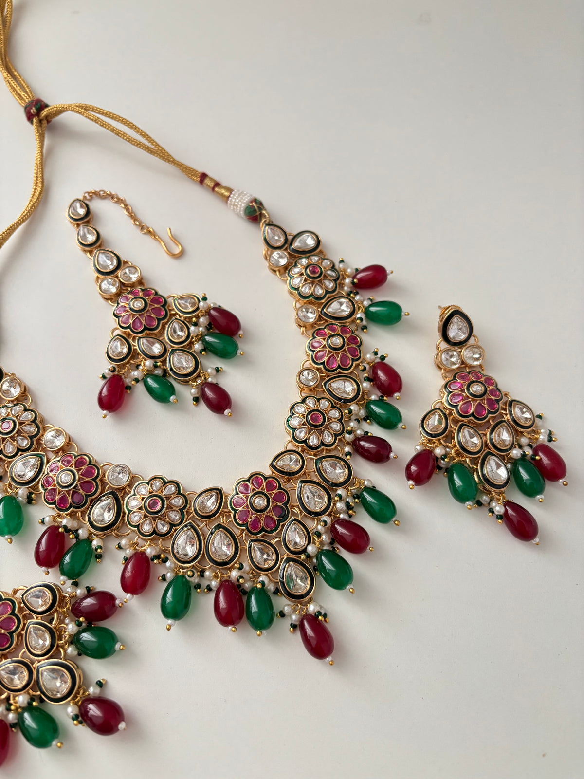 Tanisha Premium Moissanite Necklace With Mang Tikka & Earrings (Maroon/Green)