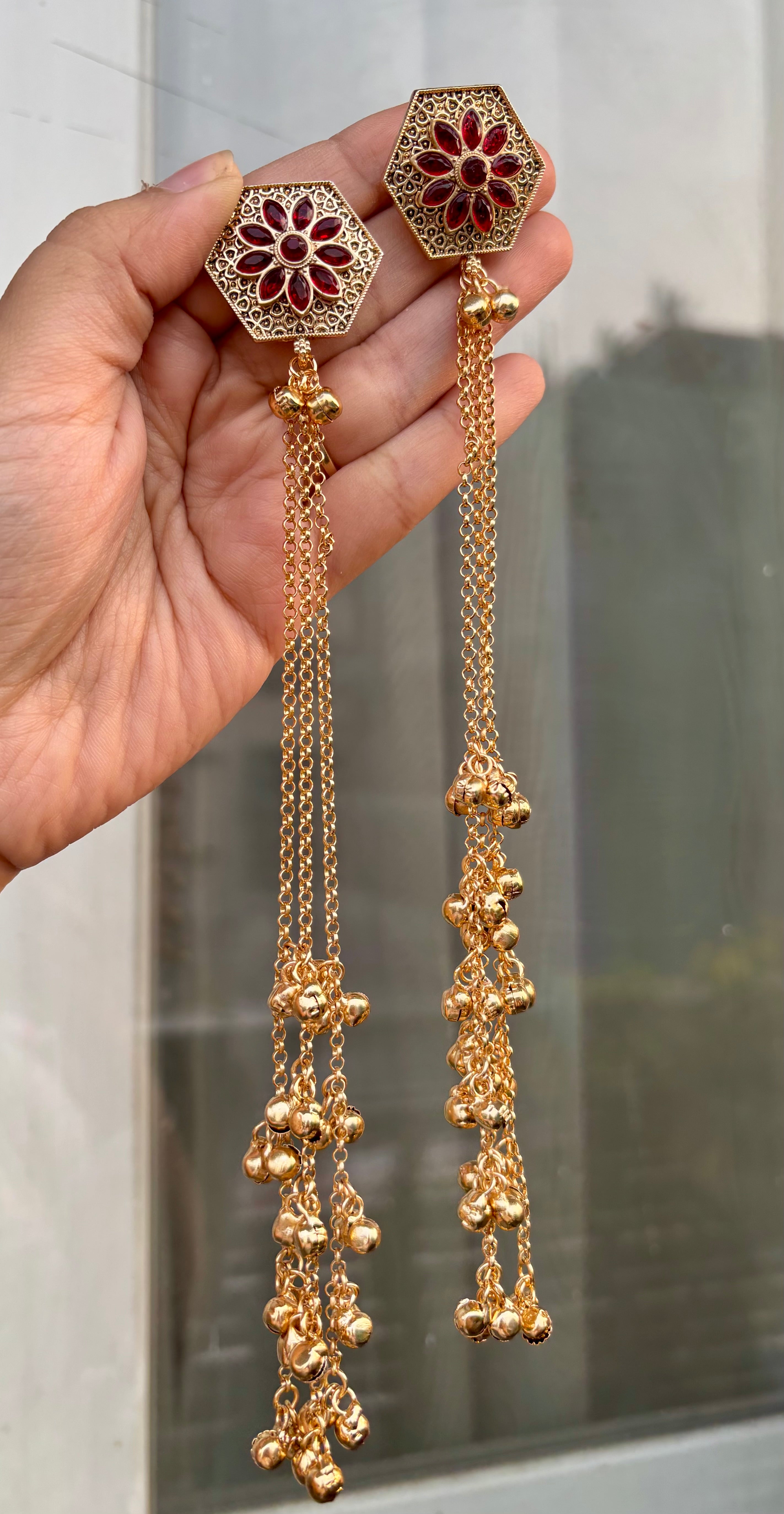 Dark Maroon Flower Stud Kashmiri Long Layer Ghungroo Earrings