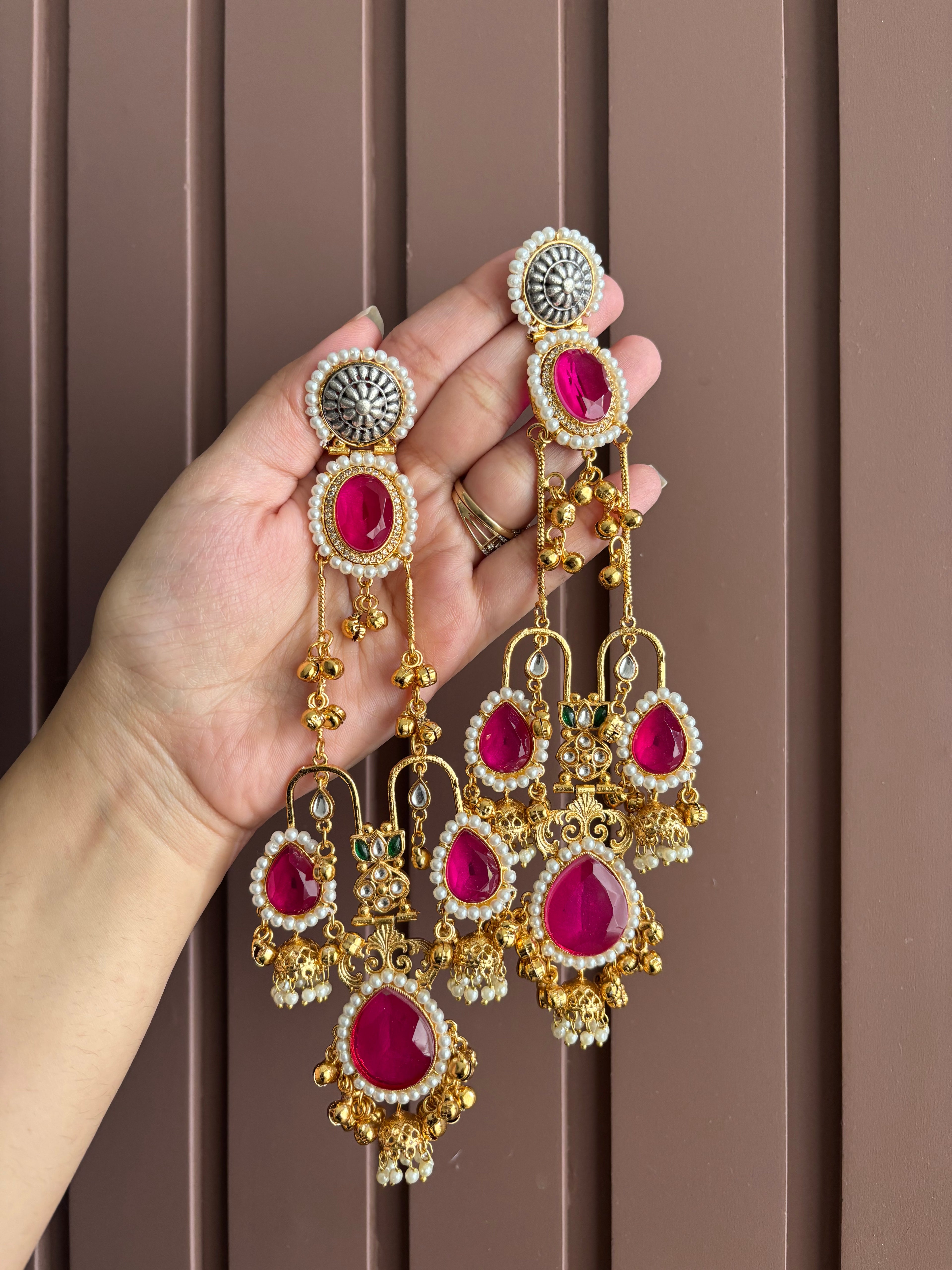 Princy Long Kashmiri Earrings (Dark Pink)