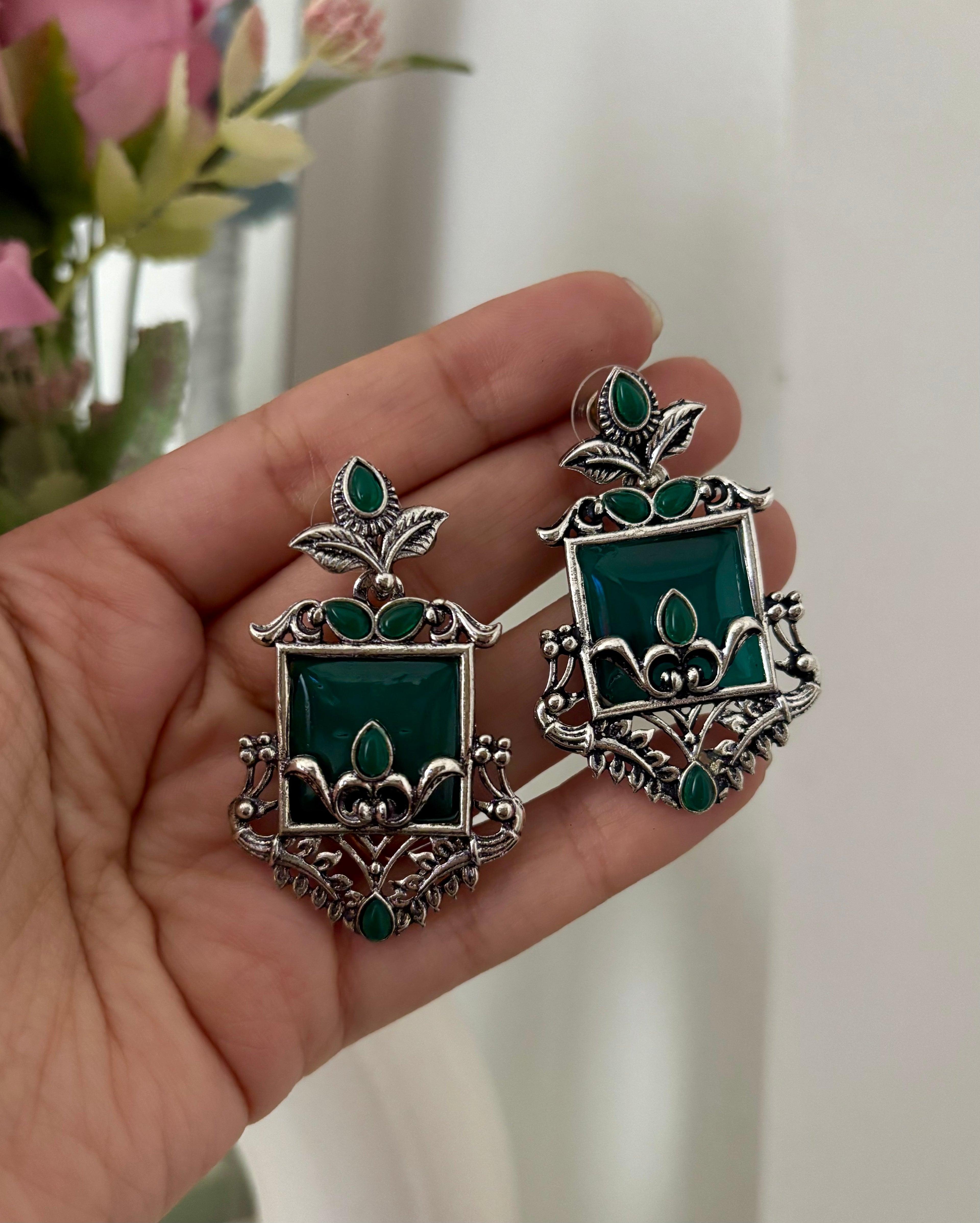 Green Silver Earrings