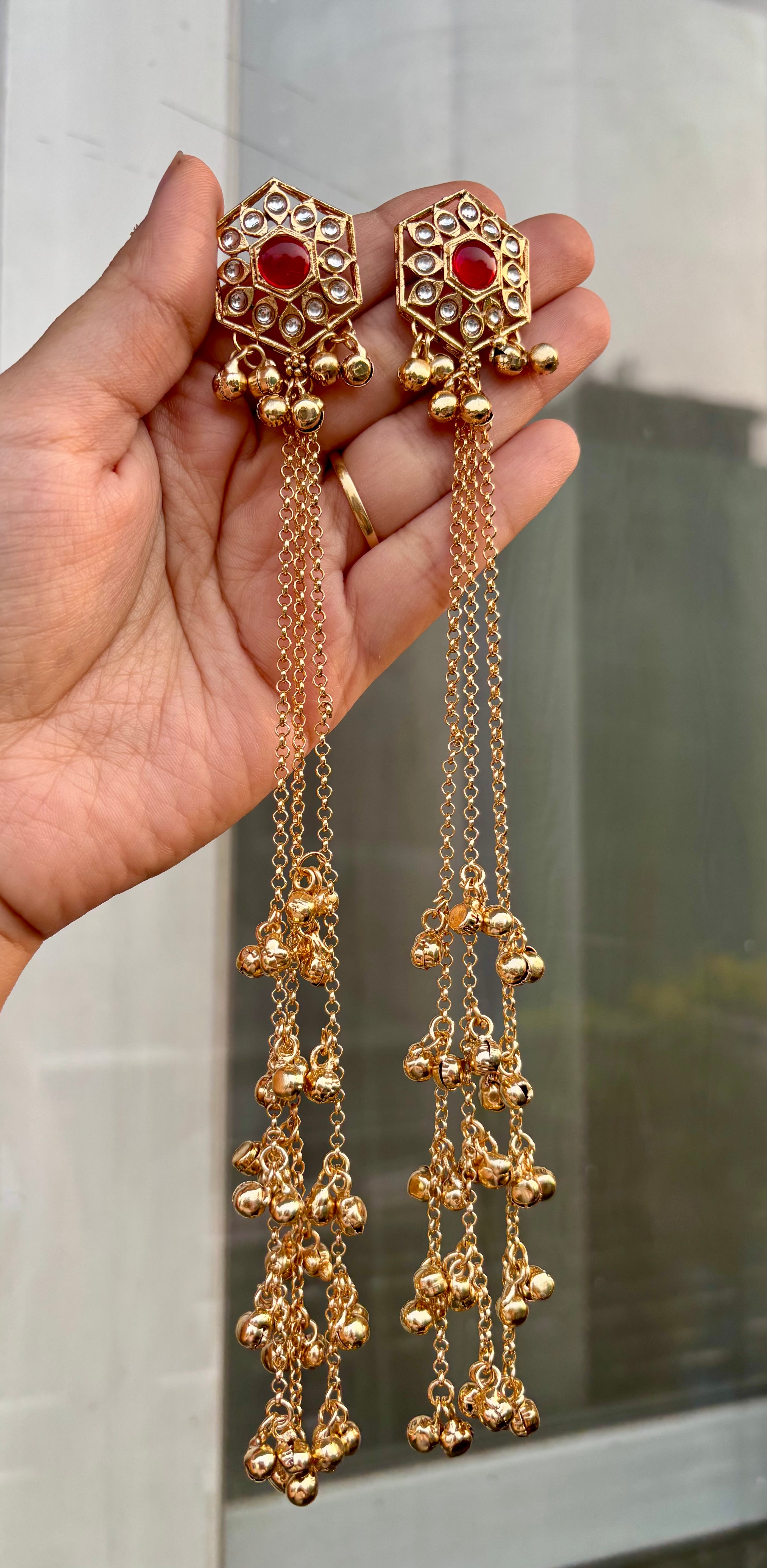 Red Stud Kashmiri Long Layer Ghungroo Earrings