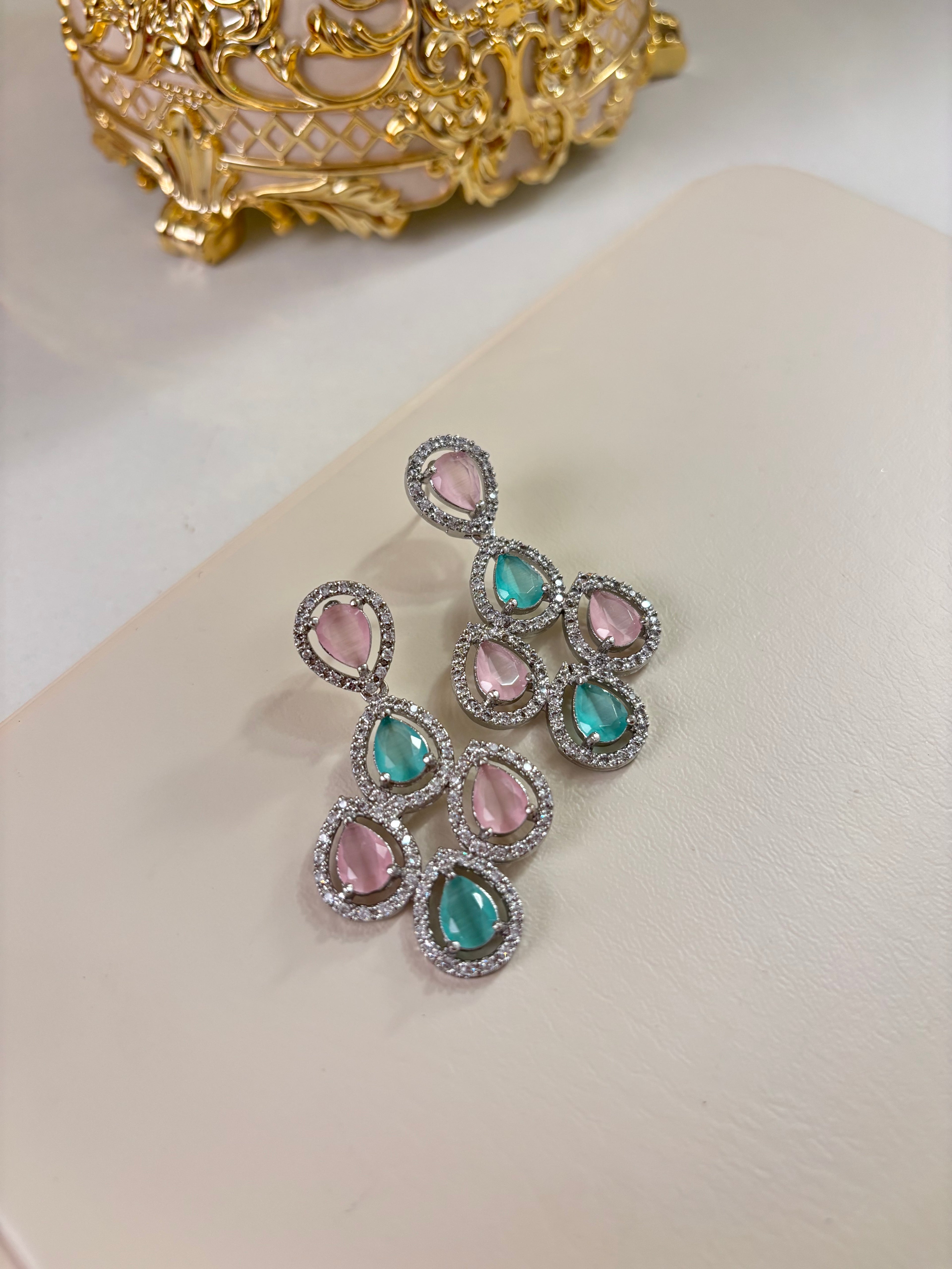 Malta Pink & Mint American Diamond Earrings