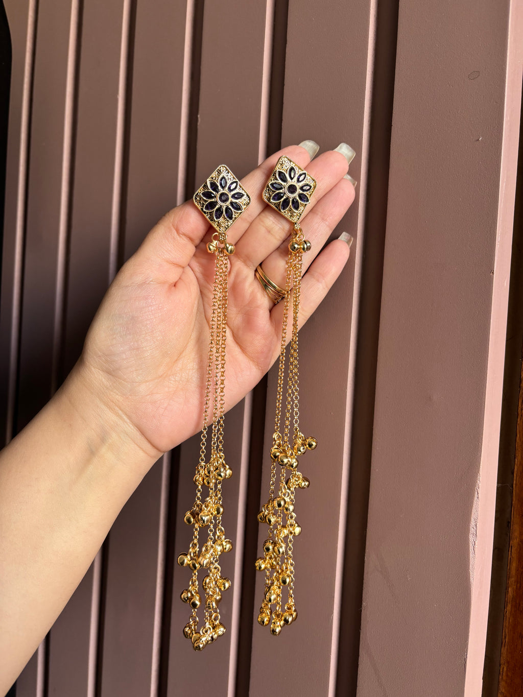 Navy Blue Kashmiri Long Earrings