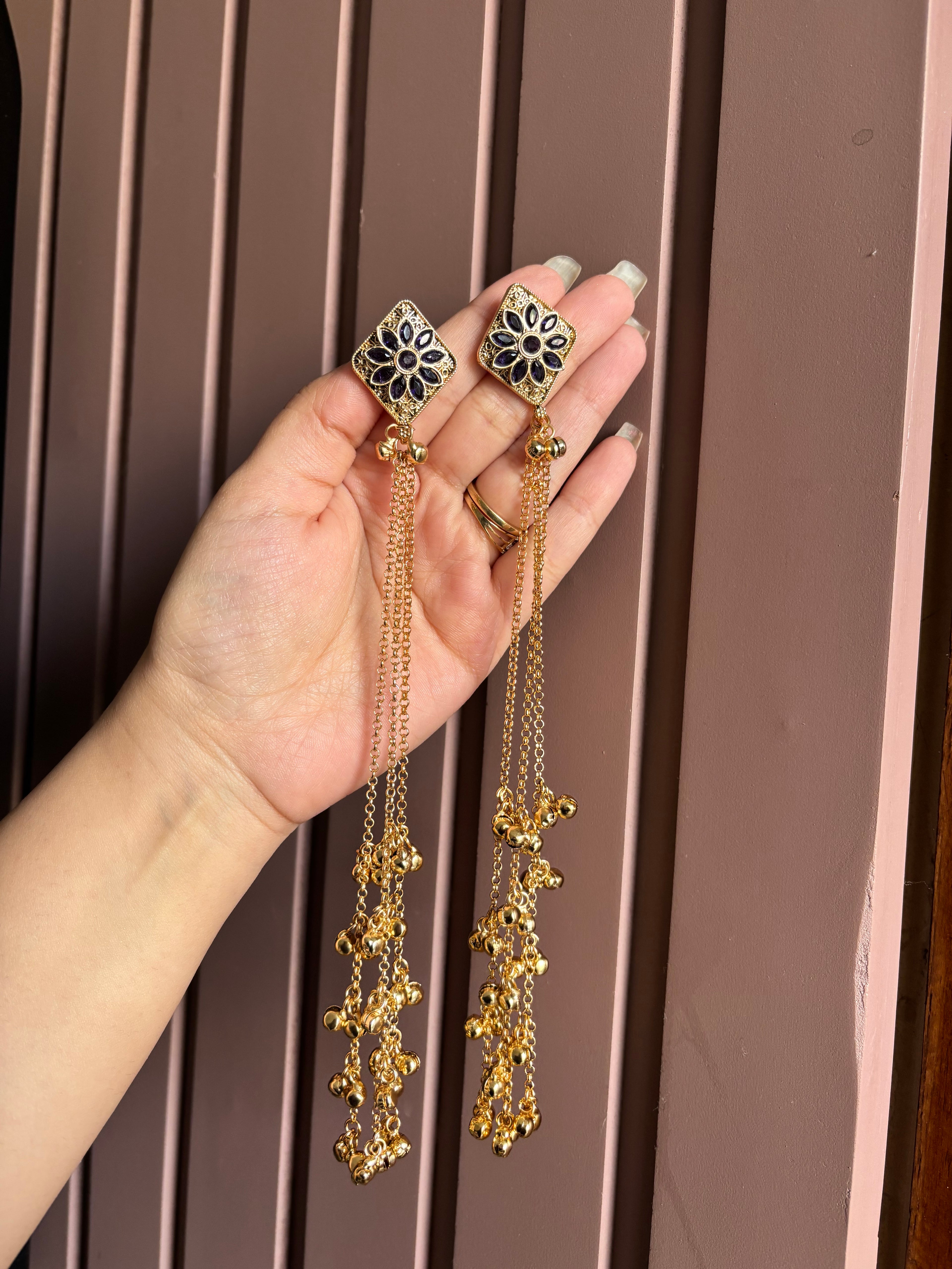 Navy Blue Kashmiri Long Earrings