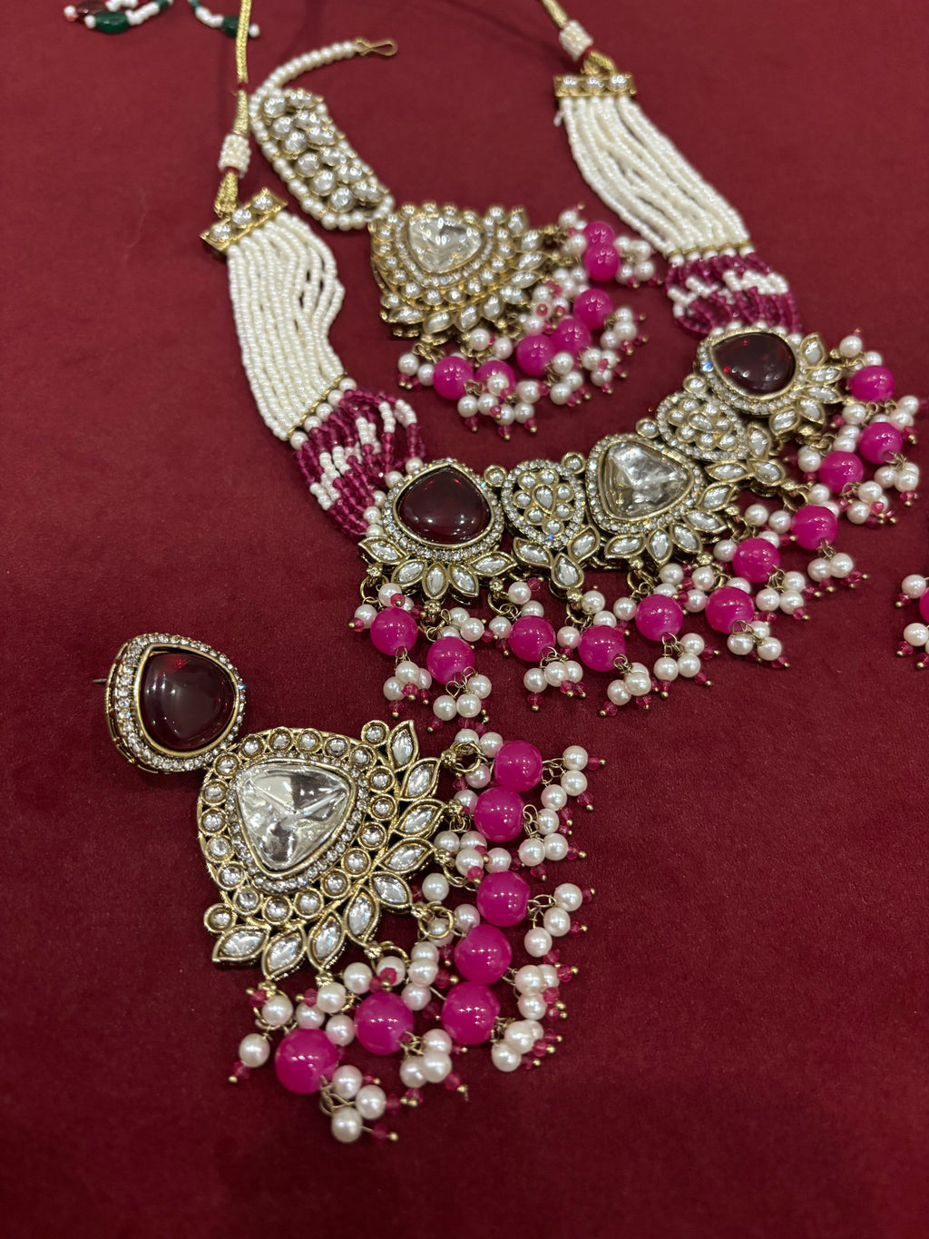Dark Pink Navneet Heavy Look Choker Set With Mang Tikka & Earrings