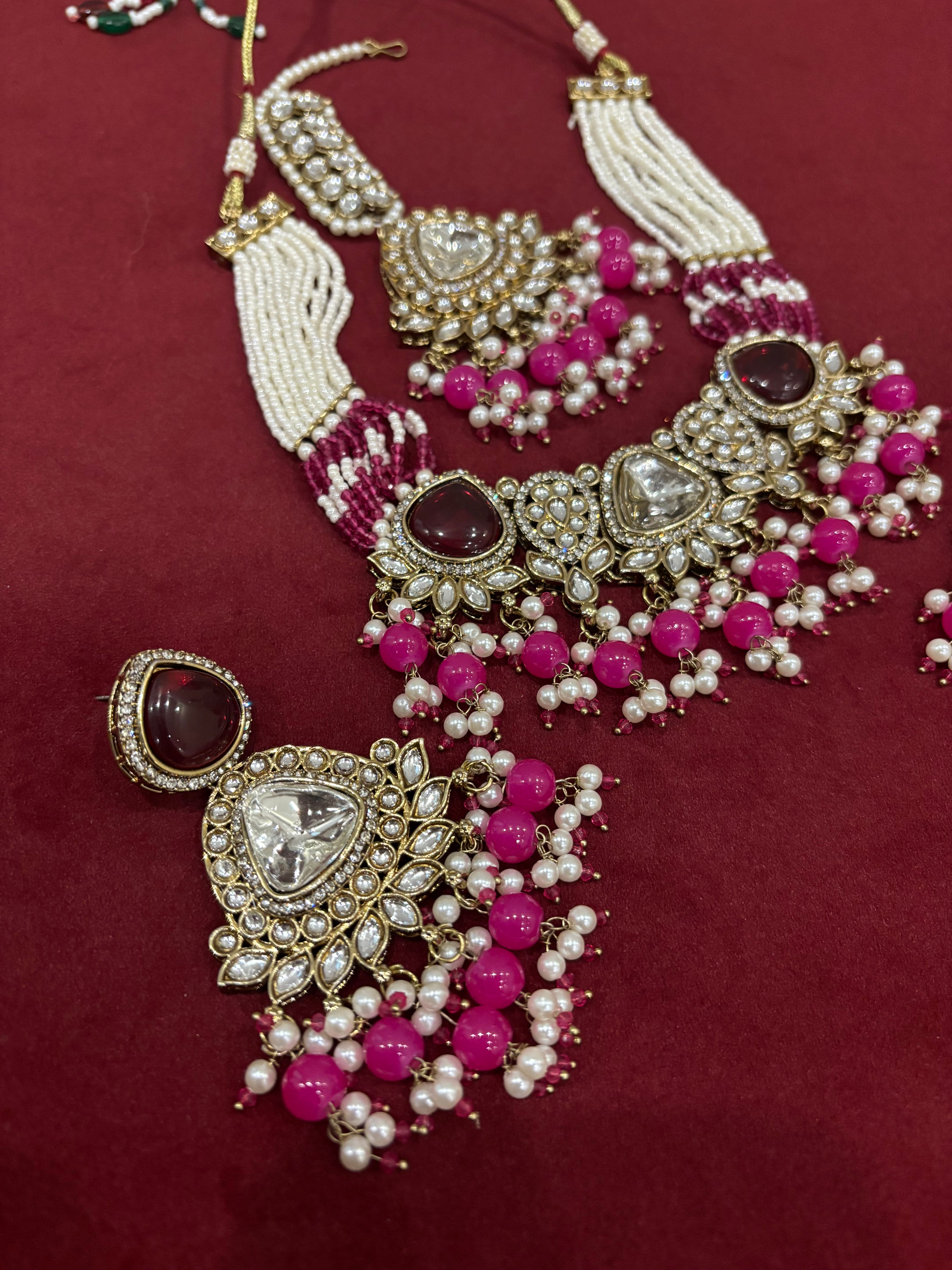 Dark Pink Navneet Heavy Look Choker Set With Mang Tikka & Earrings