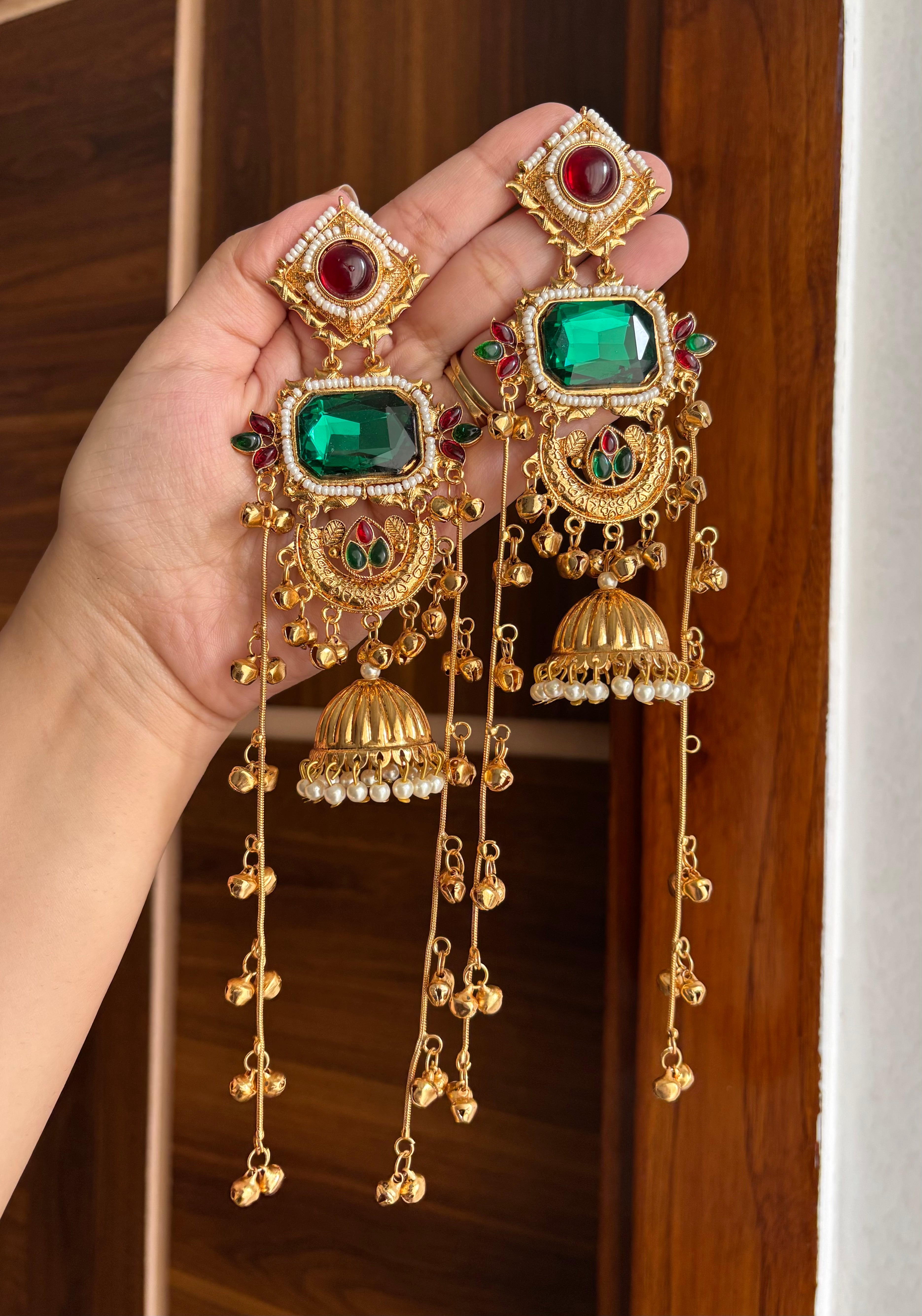 Prajakta Kashmiri Long Earrings (Green & Ruby)