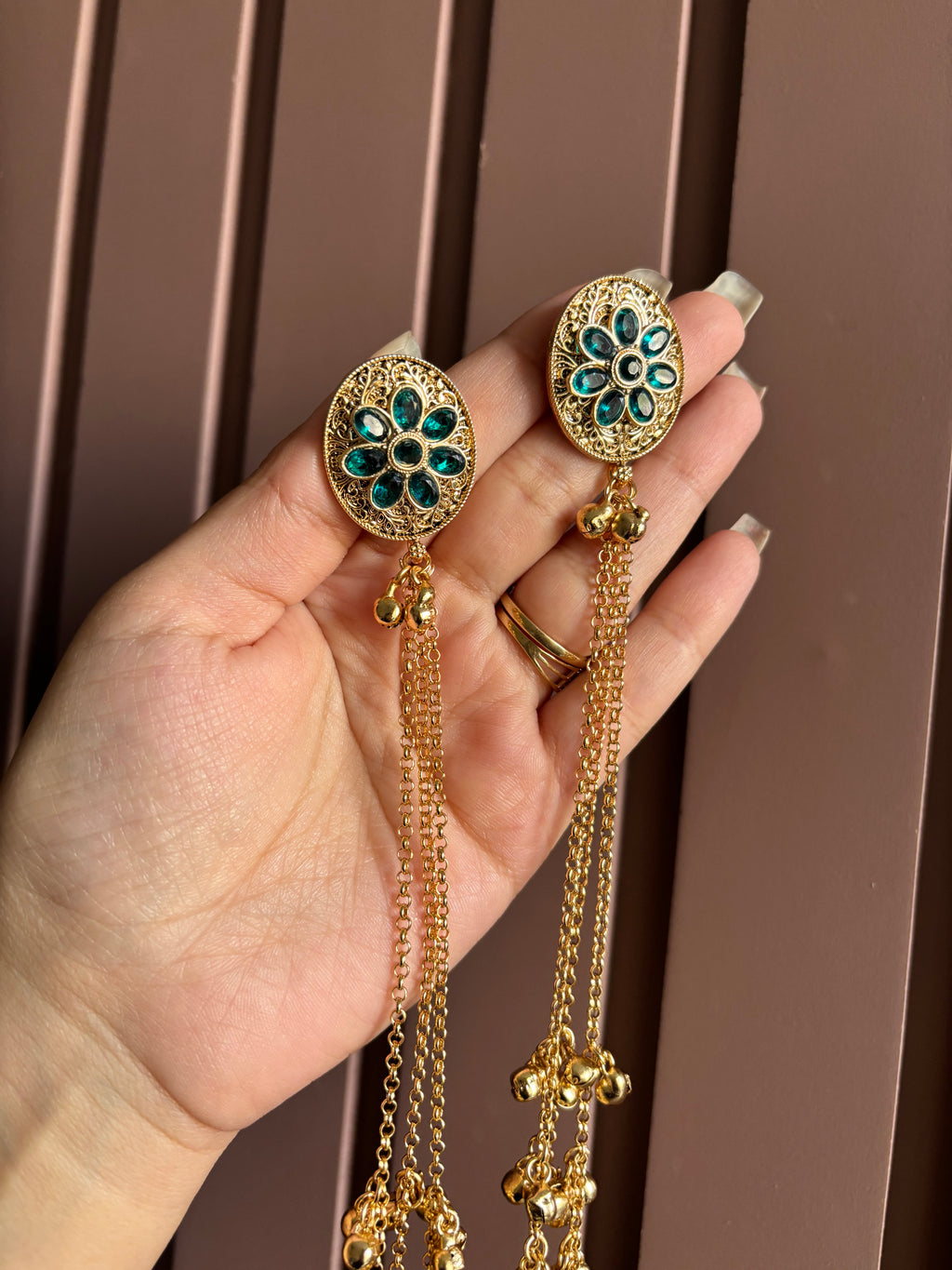 Teal Blue Kashmiri Long Earrings