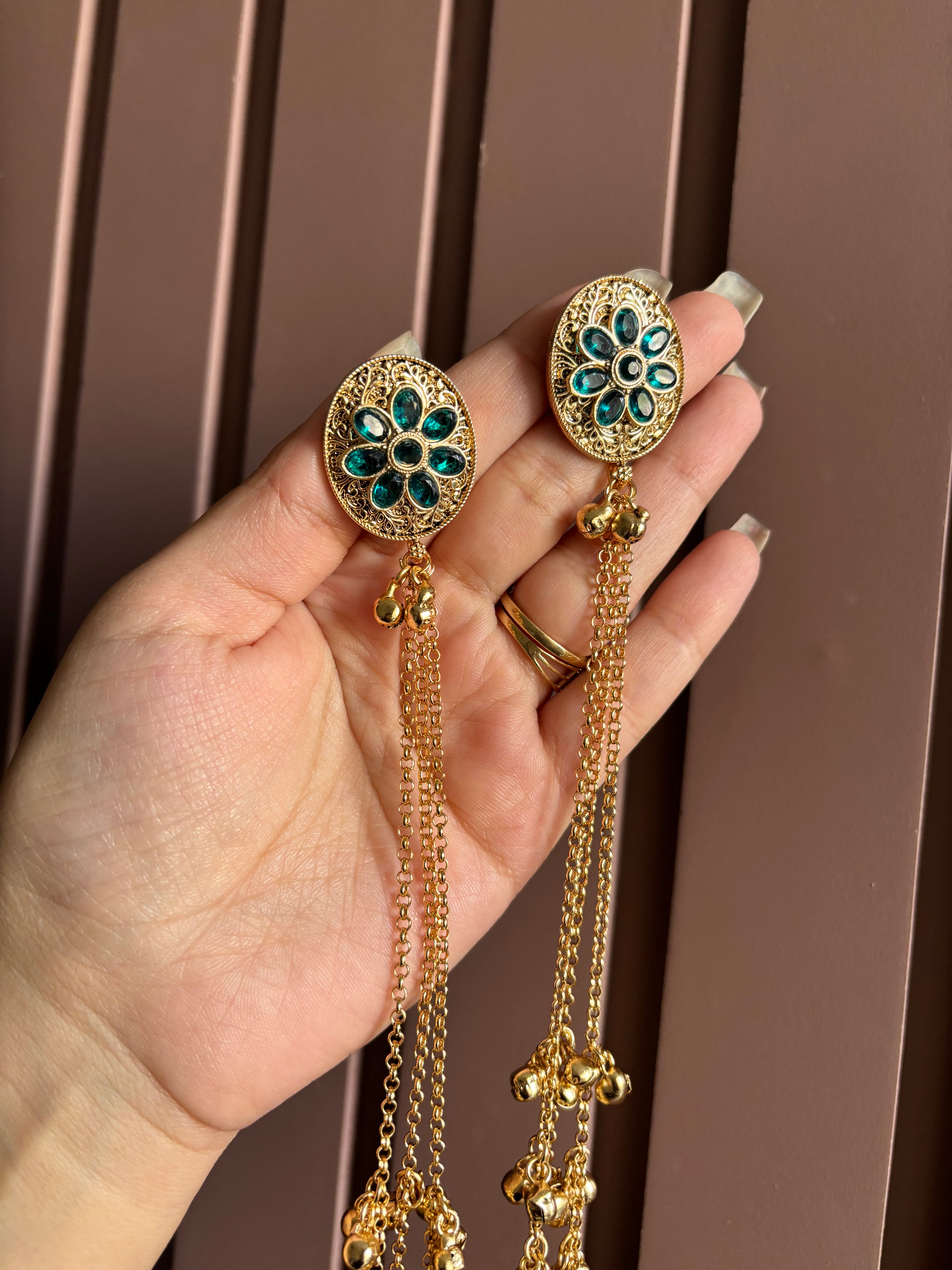 Teal Blue Kashmiri Long Earrings