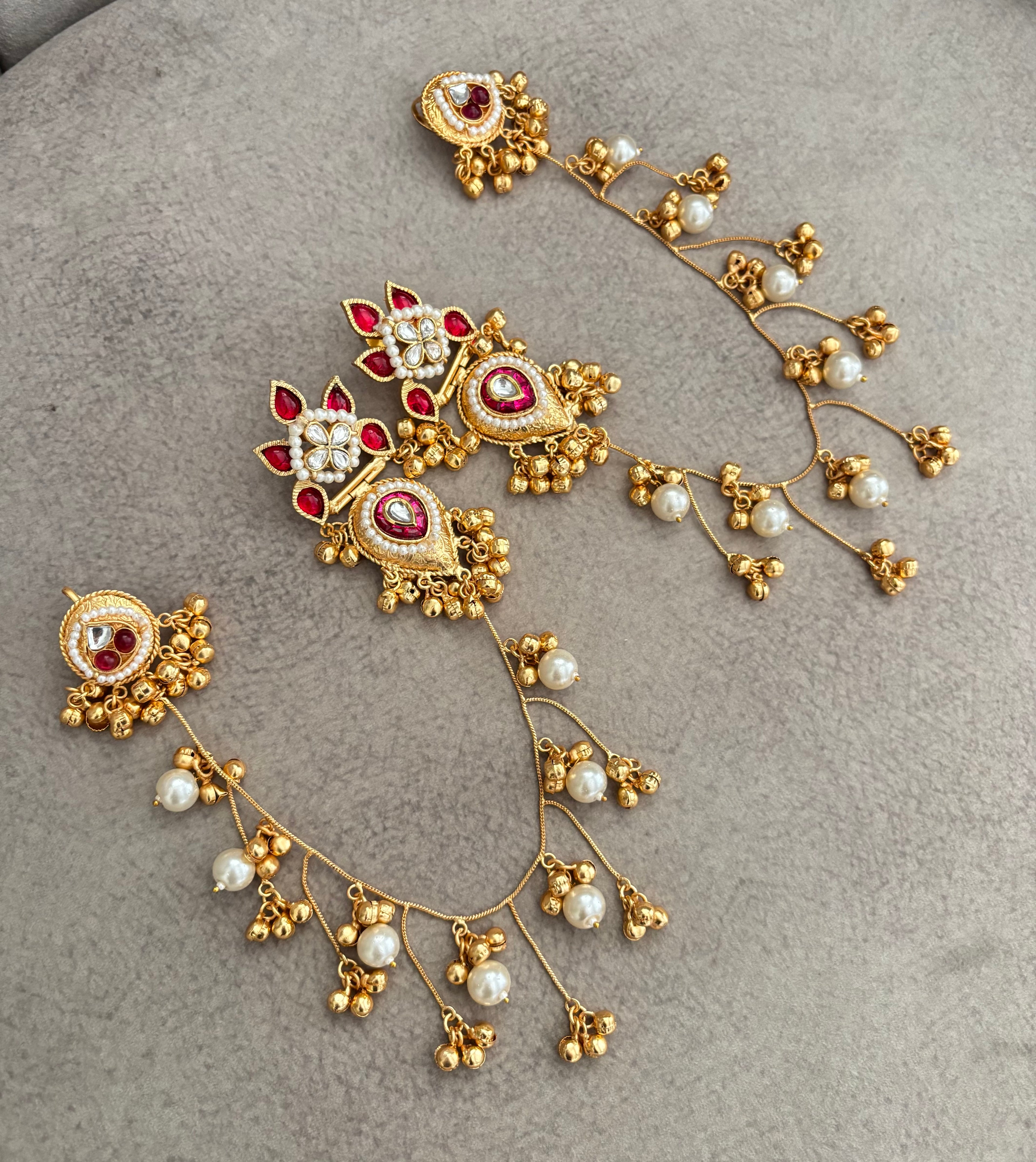 Noor Brass Earrings With Side Layers (Maroon)