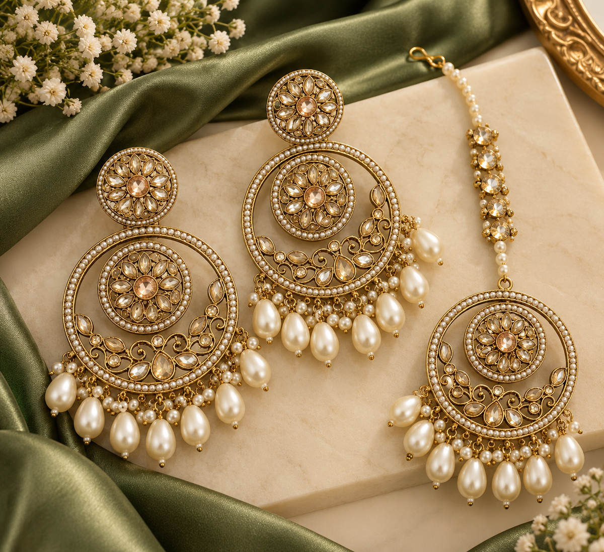 Premium Shivanya Mang Tikka With Earrings (Ivory)