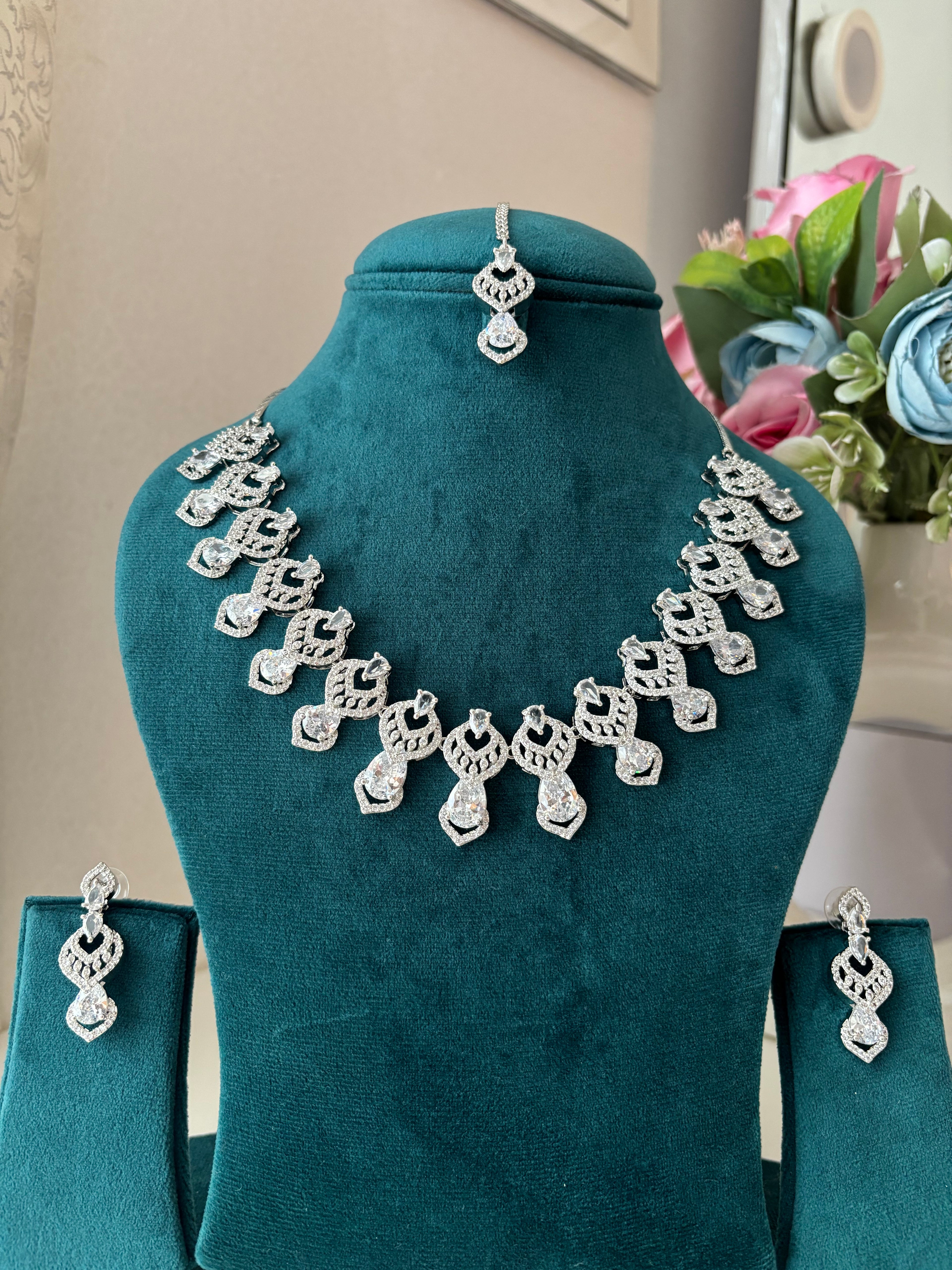 Tanisha American Diamond Necklace With Mang Tikka & Earrings