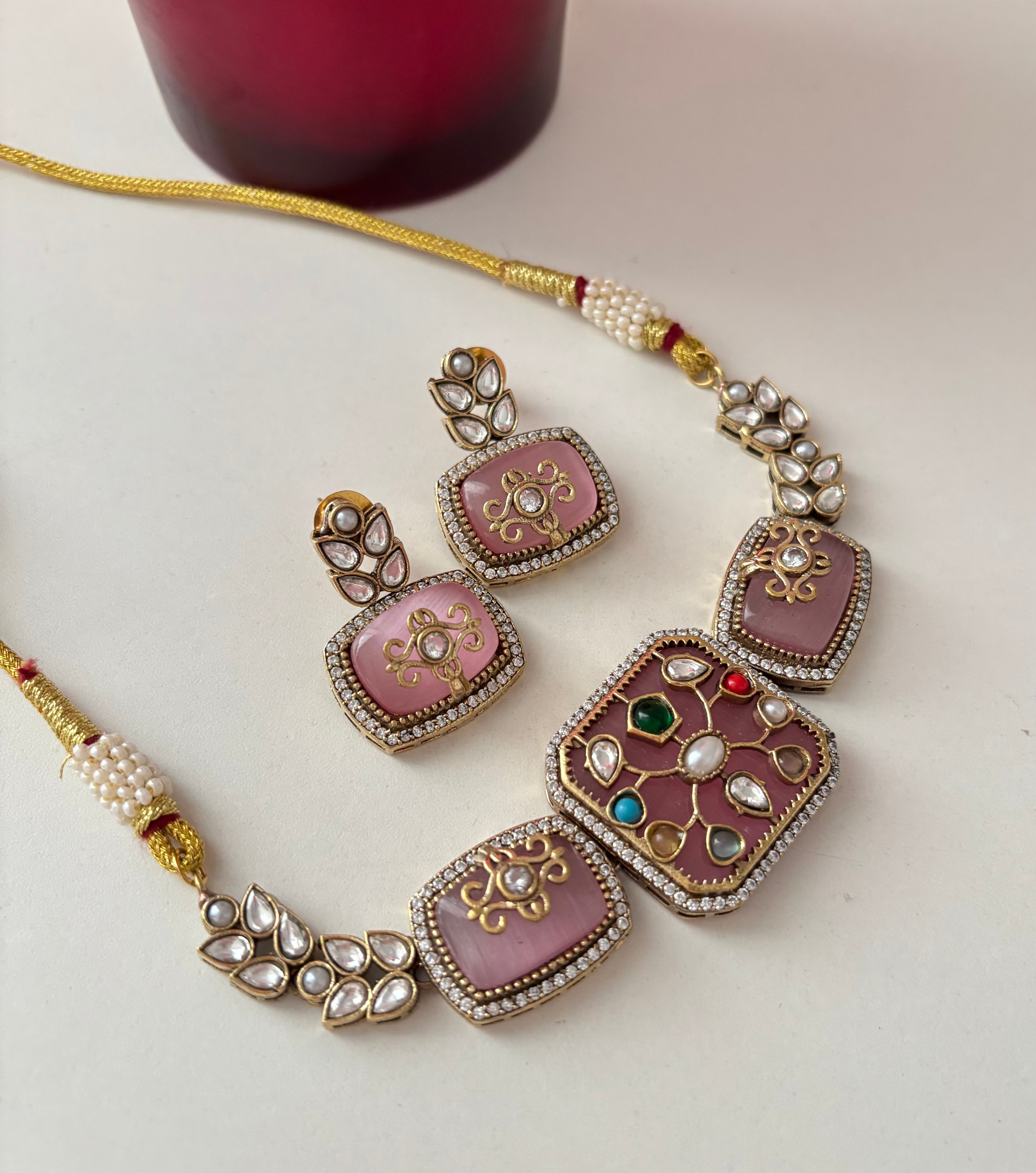 Ruhi Premium Moissanite Stone Work Choker Set With Earrings (Pink)