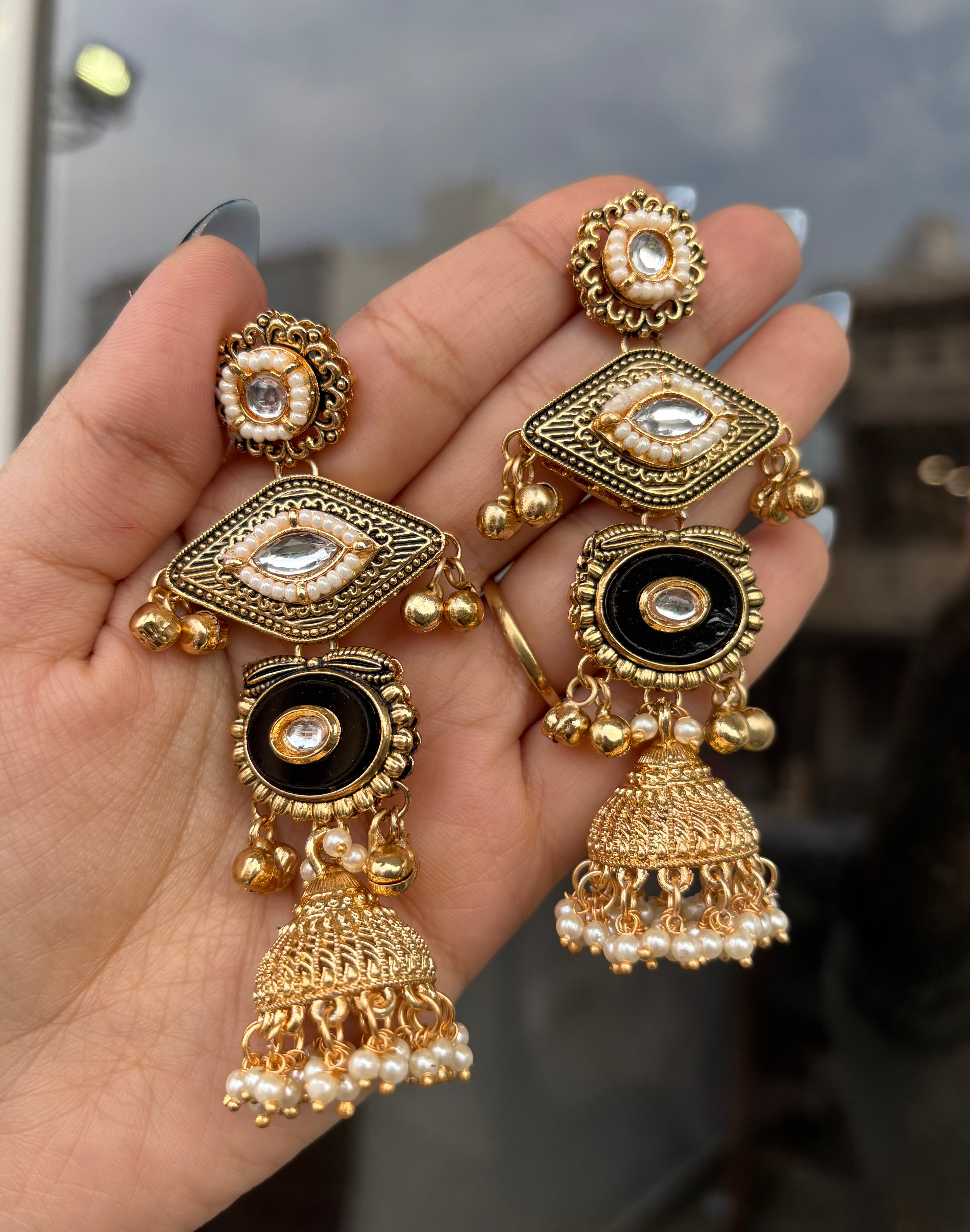 Tri Black Kashmiri Earrings
