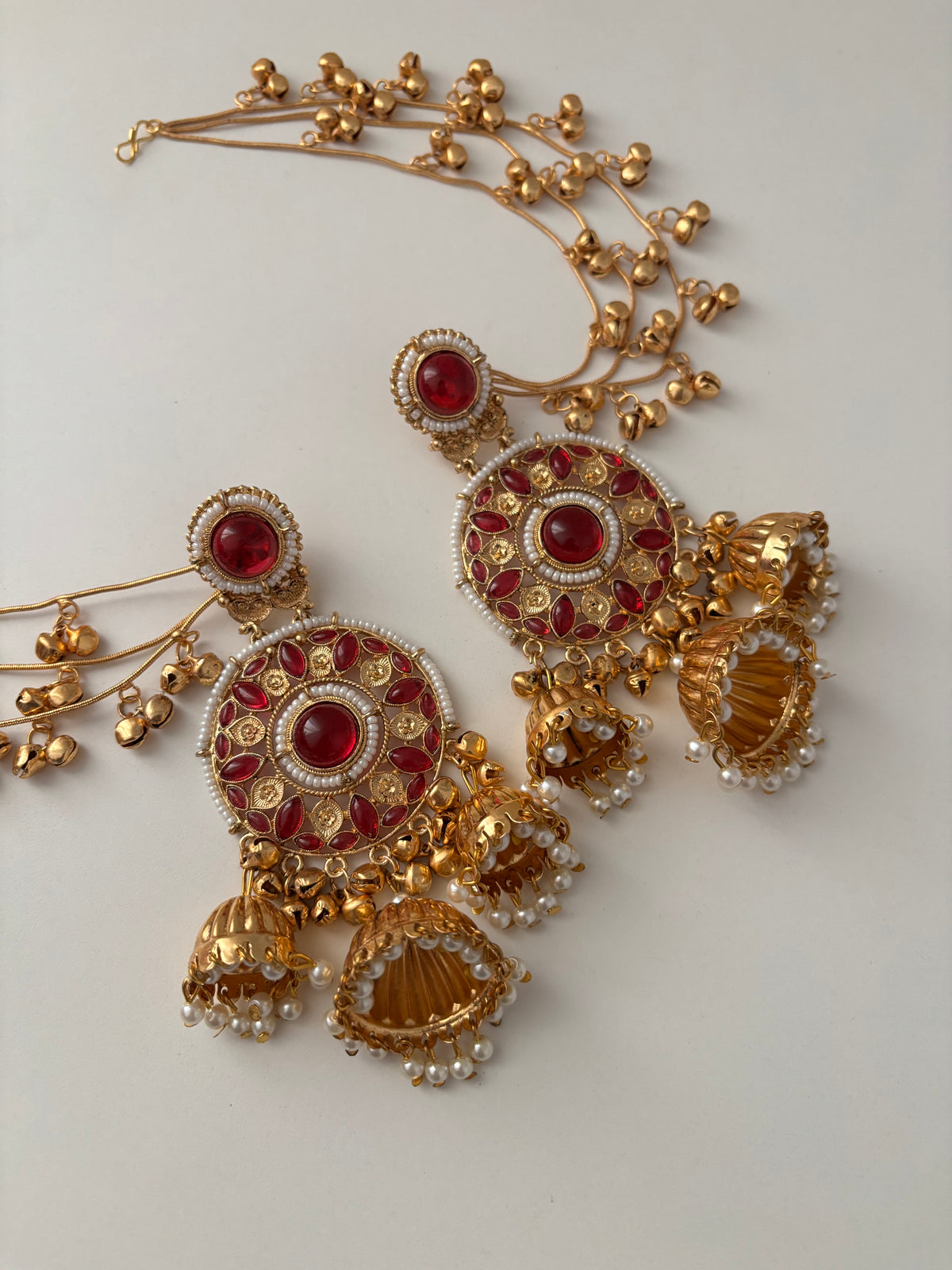 Ritika Round Kashmiri Jhumkas With Detachable Earchain (Ruby)