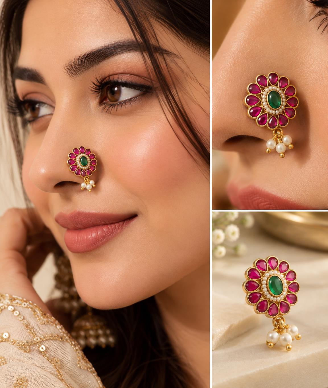 Flower Pachi Kundan Press On Nose Pin