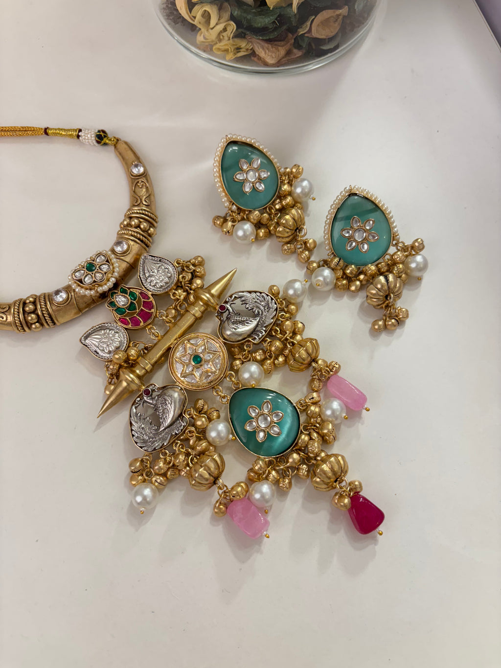 Premium Quality Brass Fusion Necklace With Earrings (Pink/Mint)