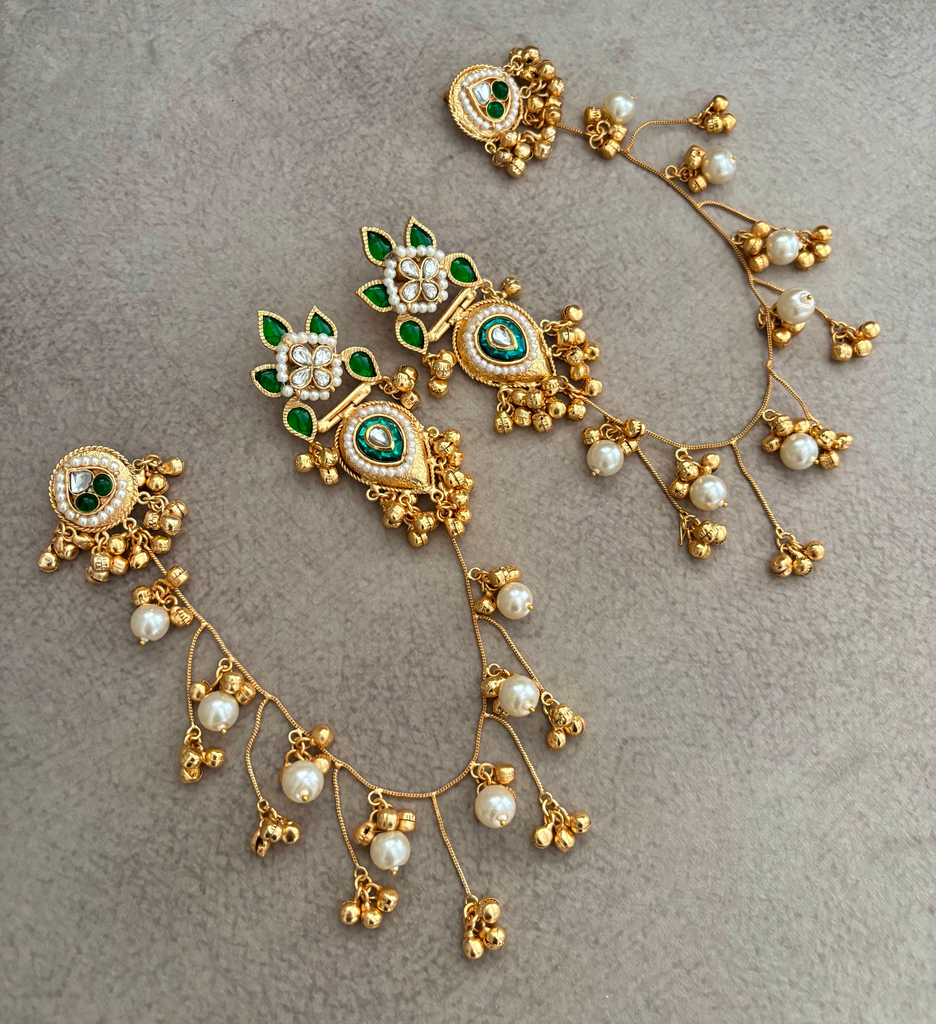 Noor Brass Earrings With Side Layers (Green)