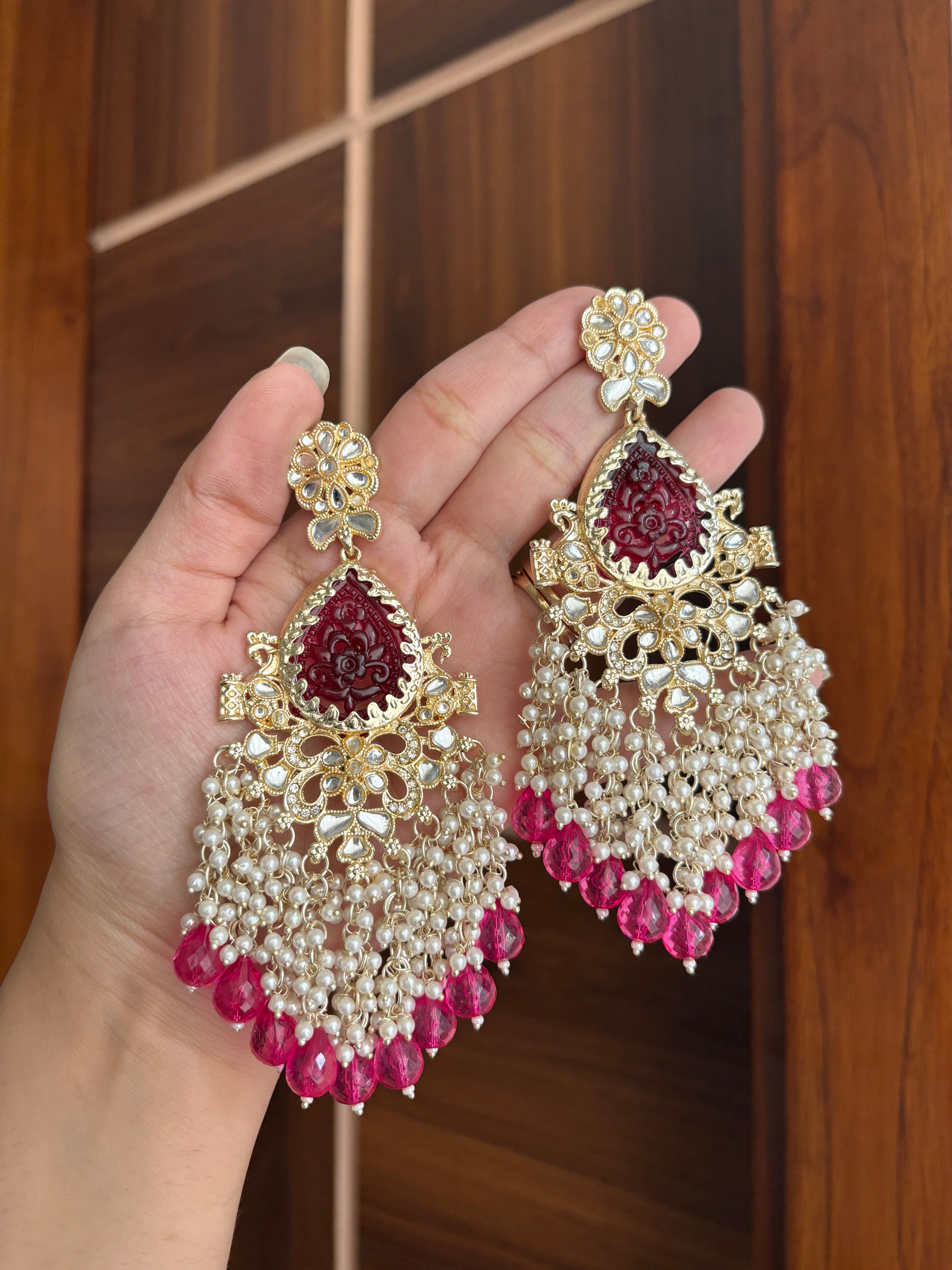High Quality Designer Long Earrings (Dark Pink)
