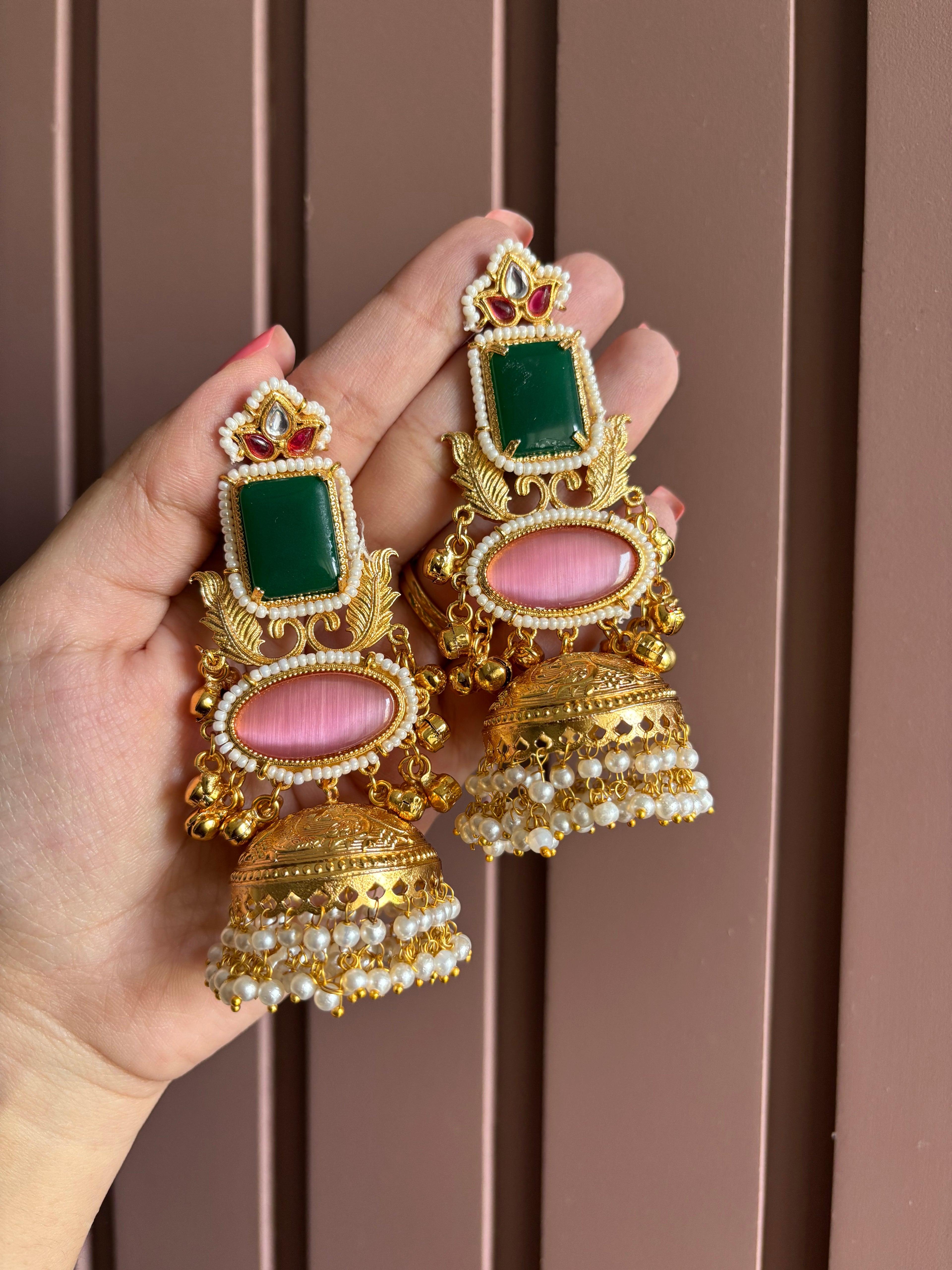 Classy Brass Jhumkas (Green & Pink)