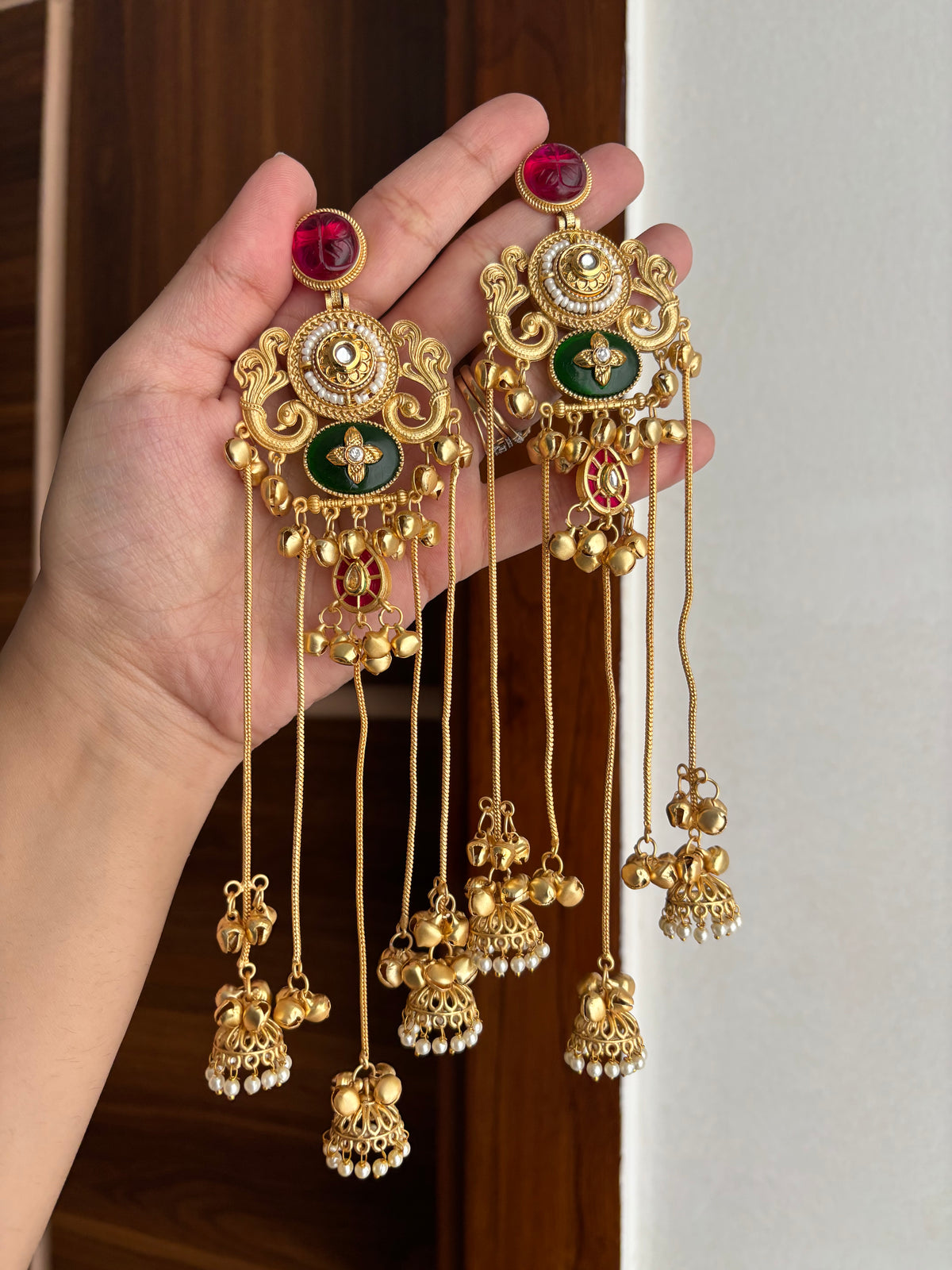 Chanchal Kashmiri Long Earrings (Ruby/Green)