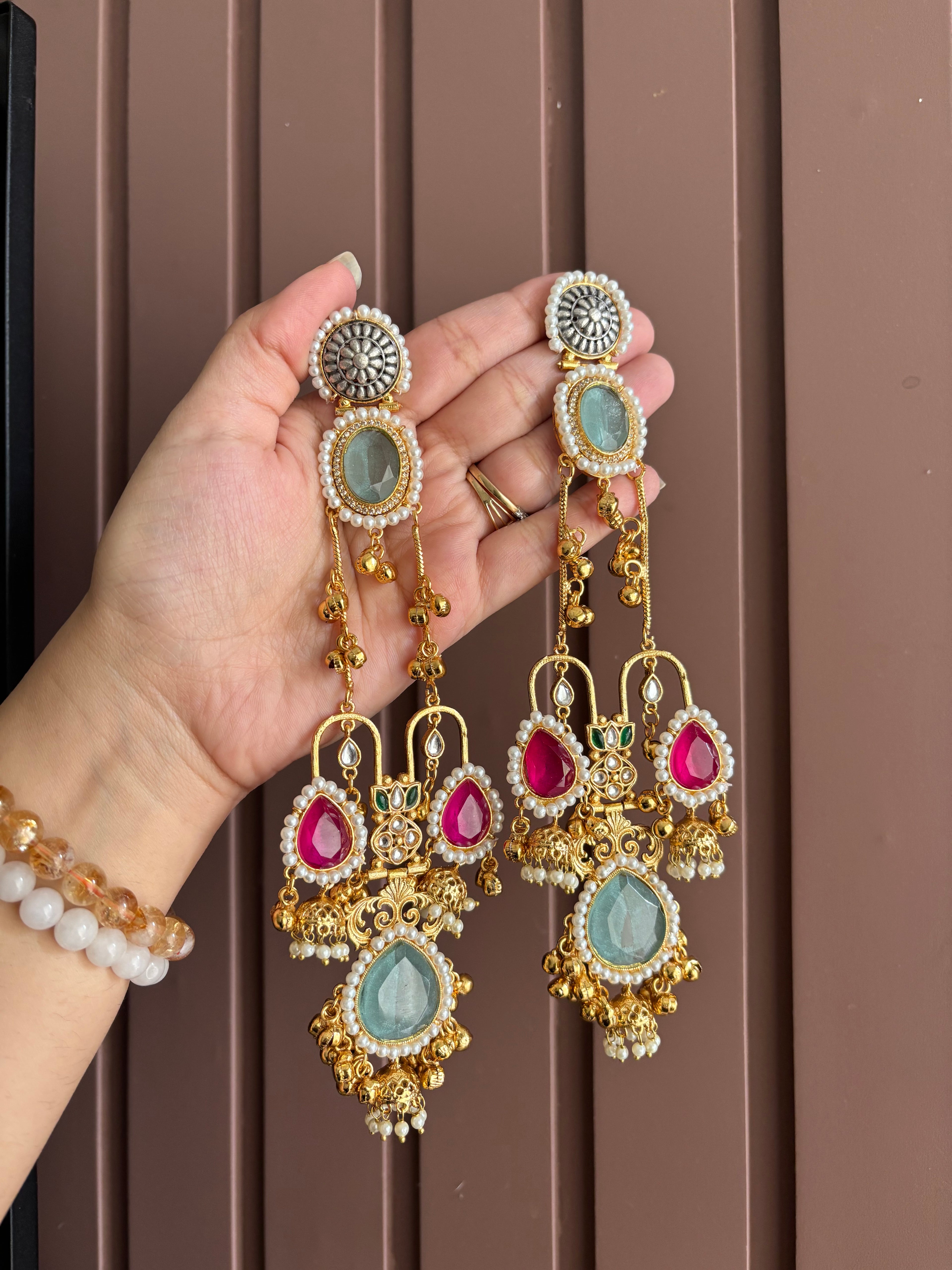Princy Long Kashmiri Earrings (Turquoise & Pink)