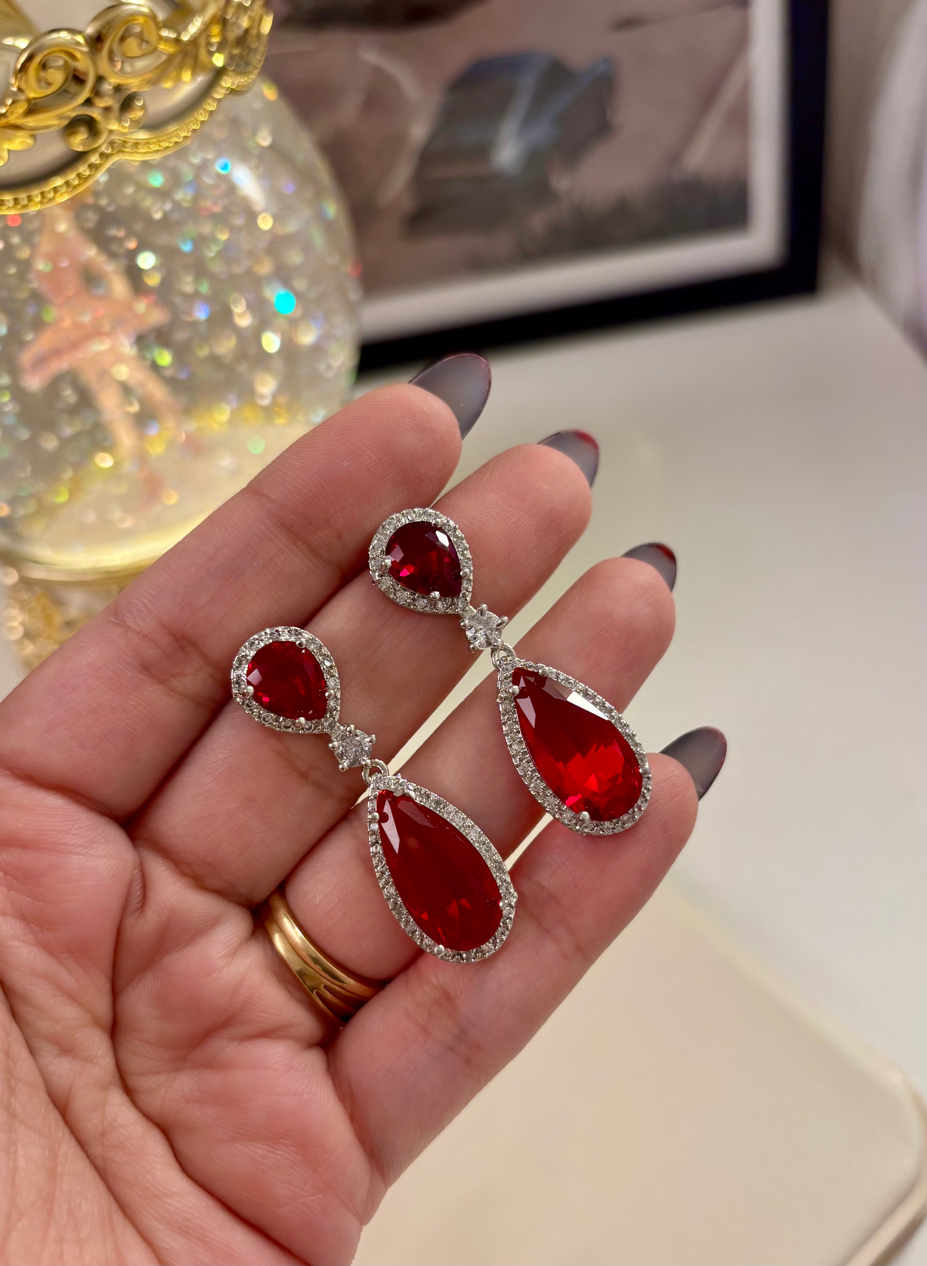 Elegant Drop American Diamond Ruby Earrings