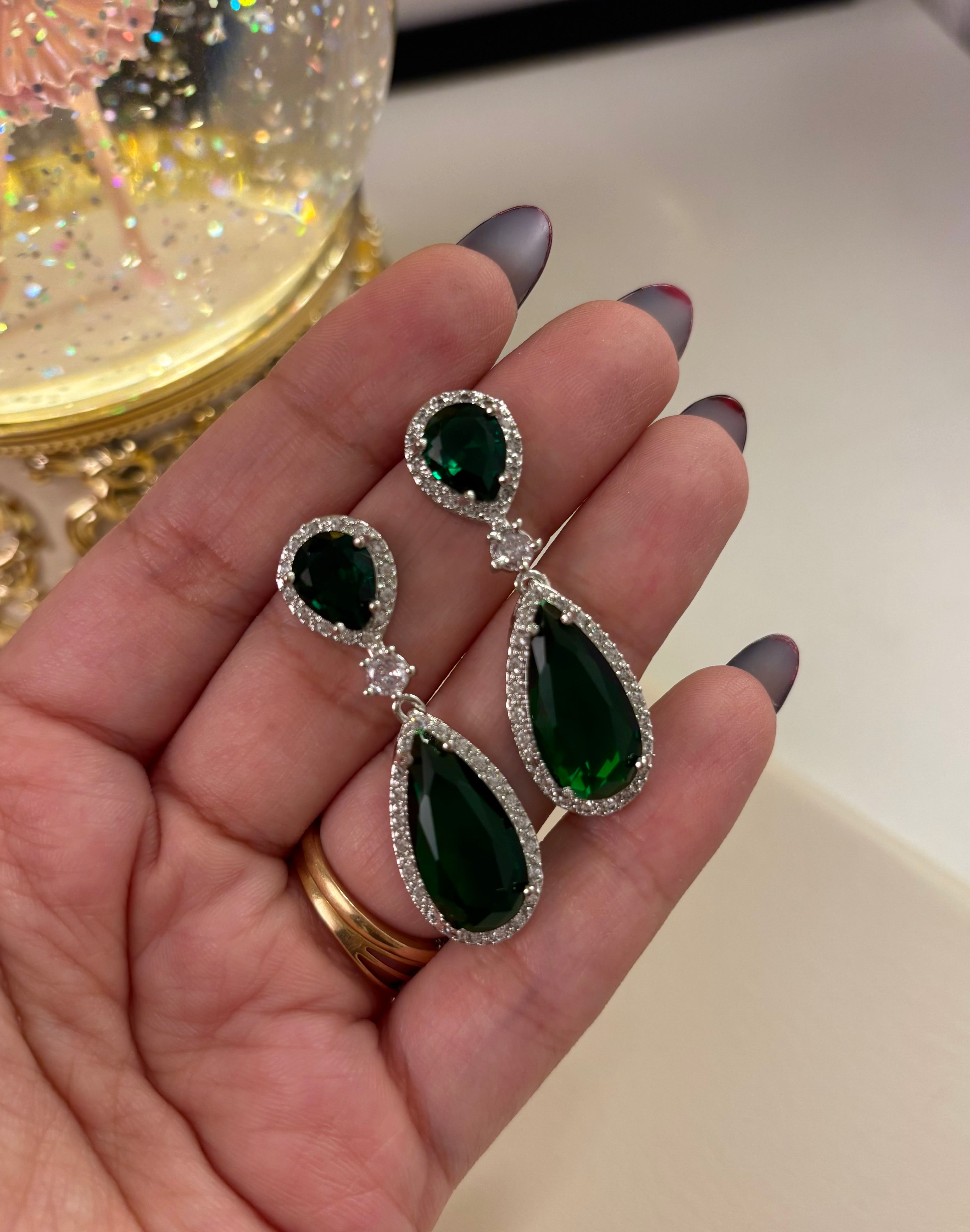 Elegant Drop American Diamond Emerald Earrings