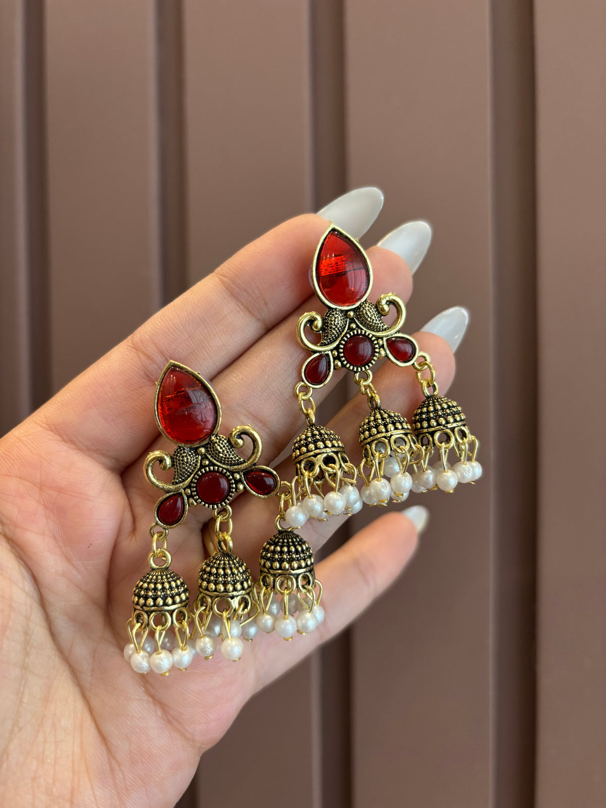 Dipti 3 Jhumki Touch Earrings (Maroon)