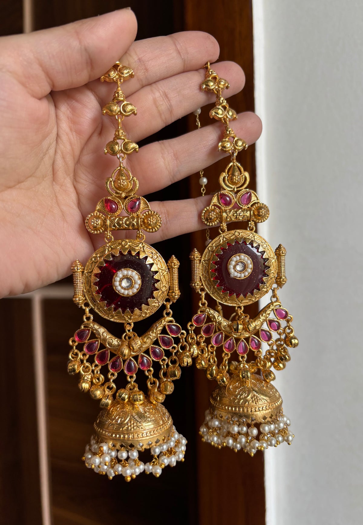 Tara Brass Heavy Look Jhumkas With Sahara (Ruby)
