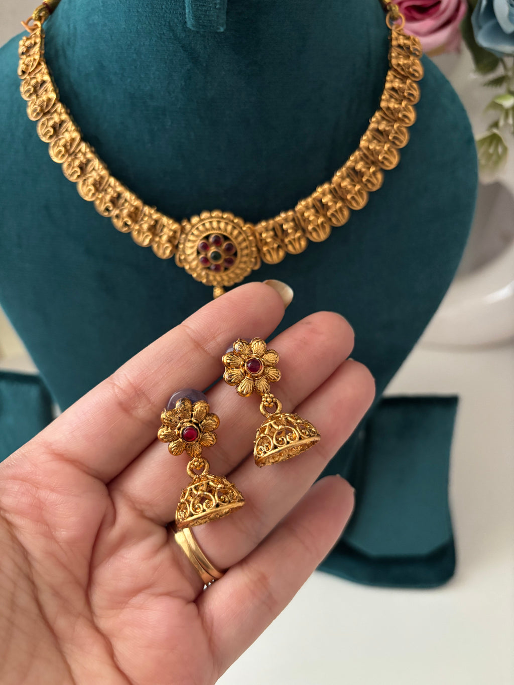 Taniya Heritage Gold Look Like Necklace With Jhumkas
