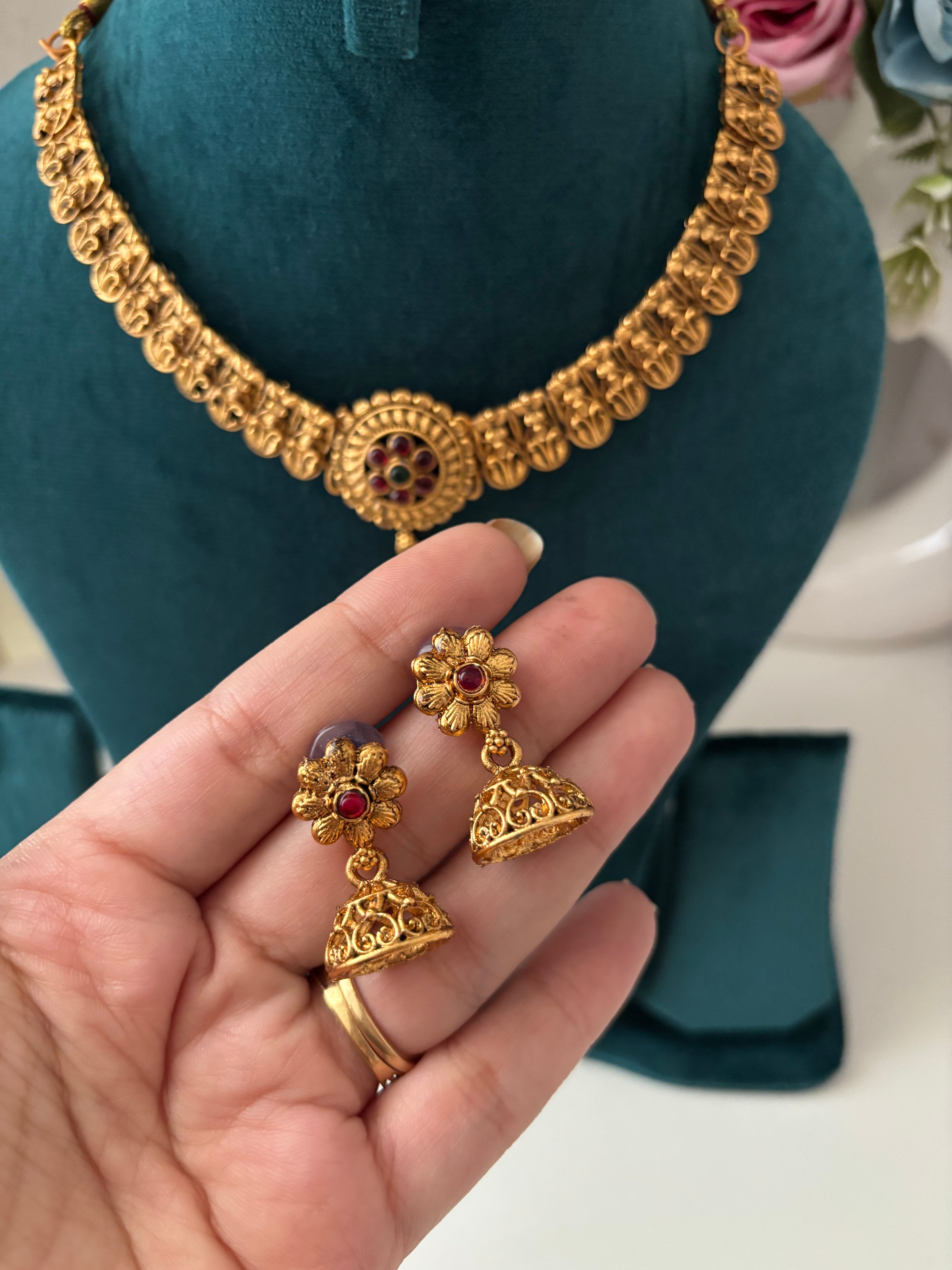 Taniya Heritage Gold Look Like Necklace With Jhumkas