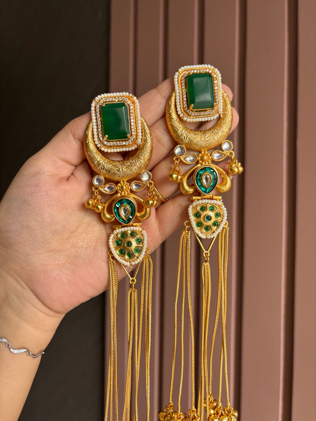 Jasleen Long Green Kashmiri Statement Earrings