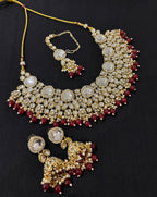 Aman Kundan Heavy Look Necklace With Mang Tikka & Jhumkas ( Maroon )
