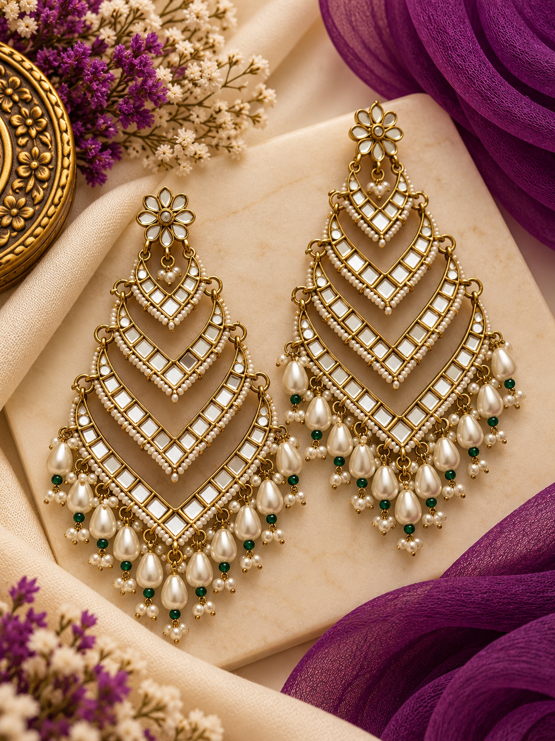 Full Mirror Work Pearl Drop Touch Earrings