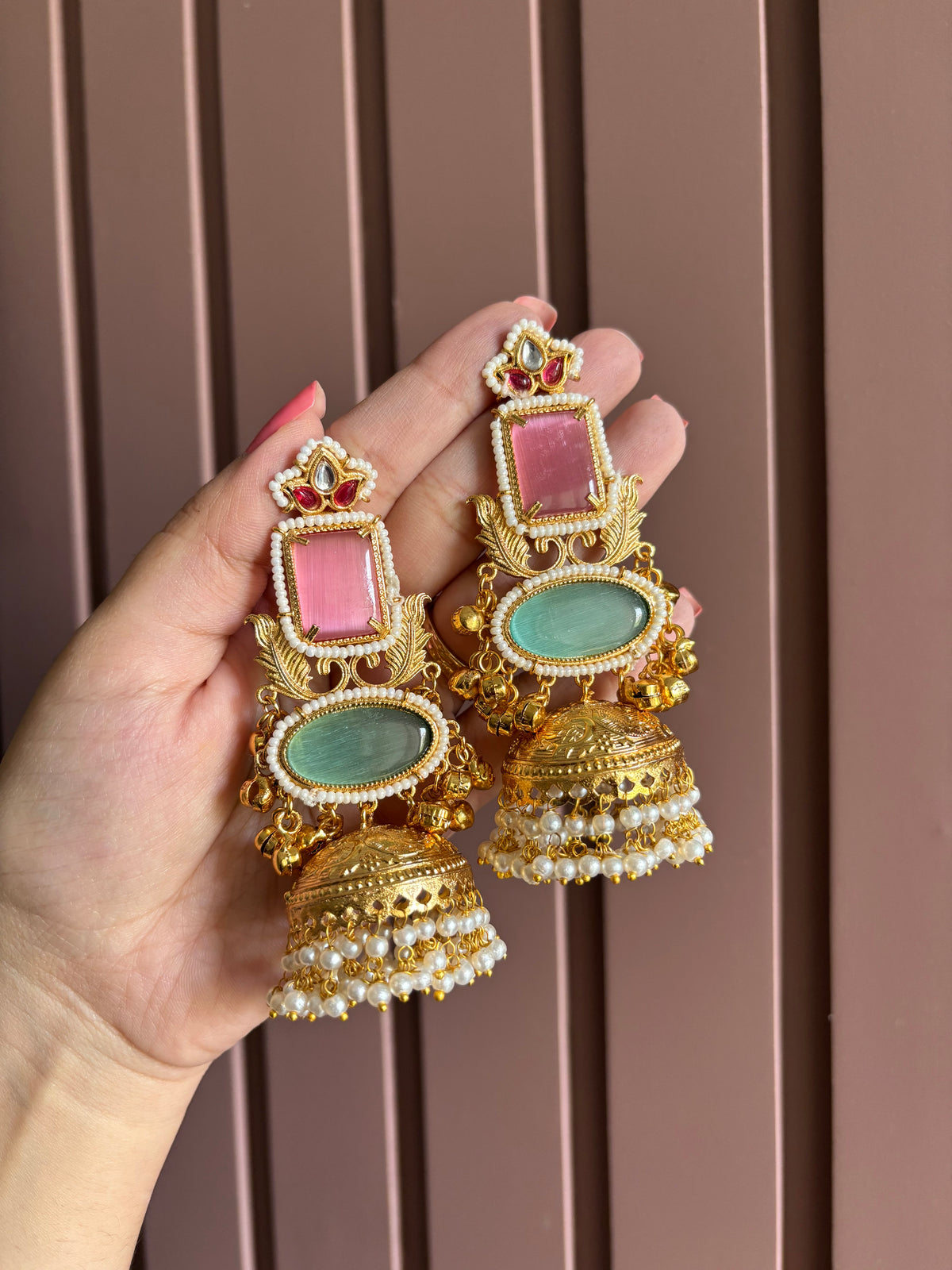 Classy Brass Jhumkas (Pink/Mint)