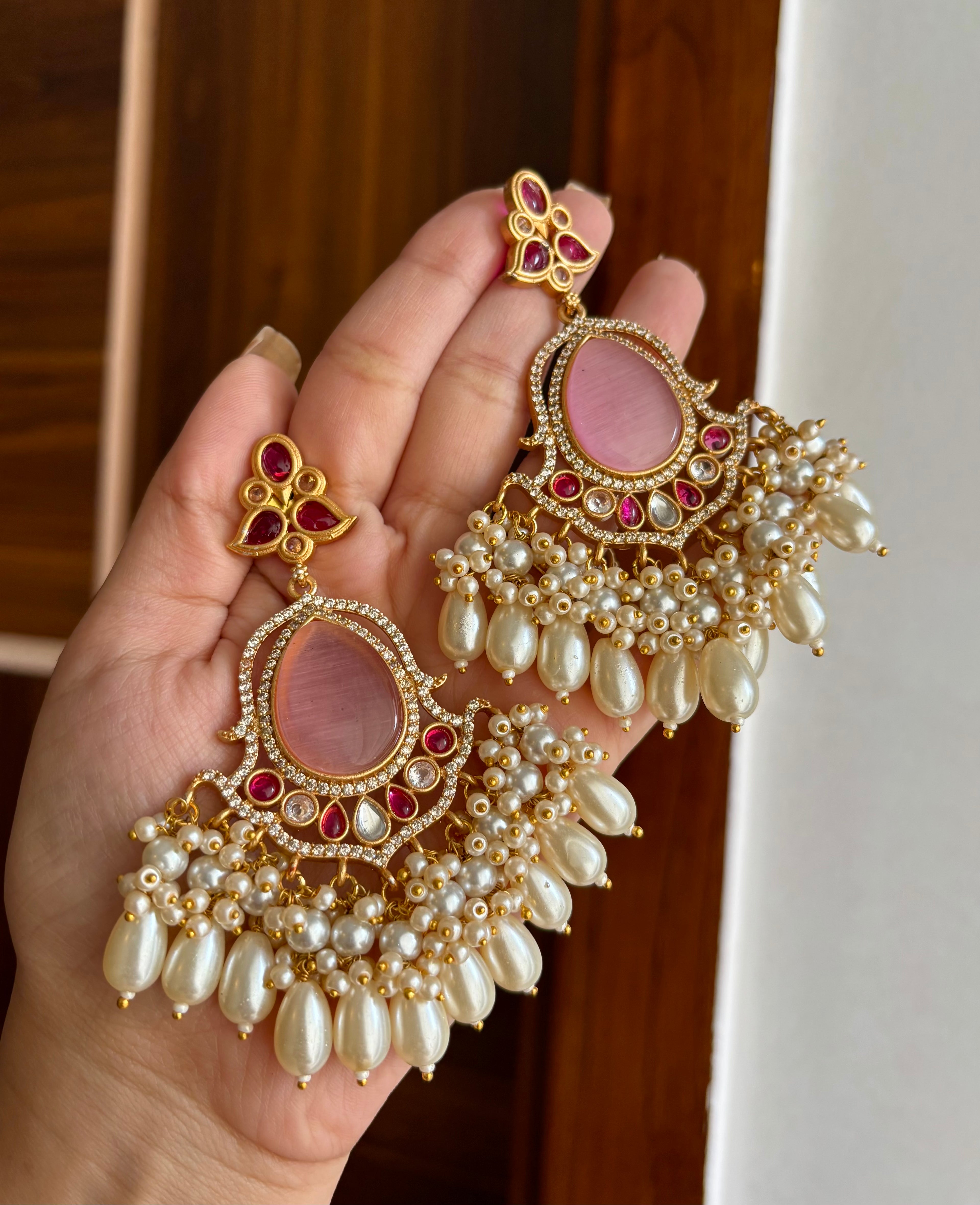 Premium Quality American Diamond Earrings In Monazite Stone Touch (Pink)