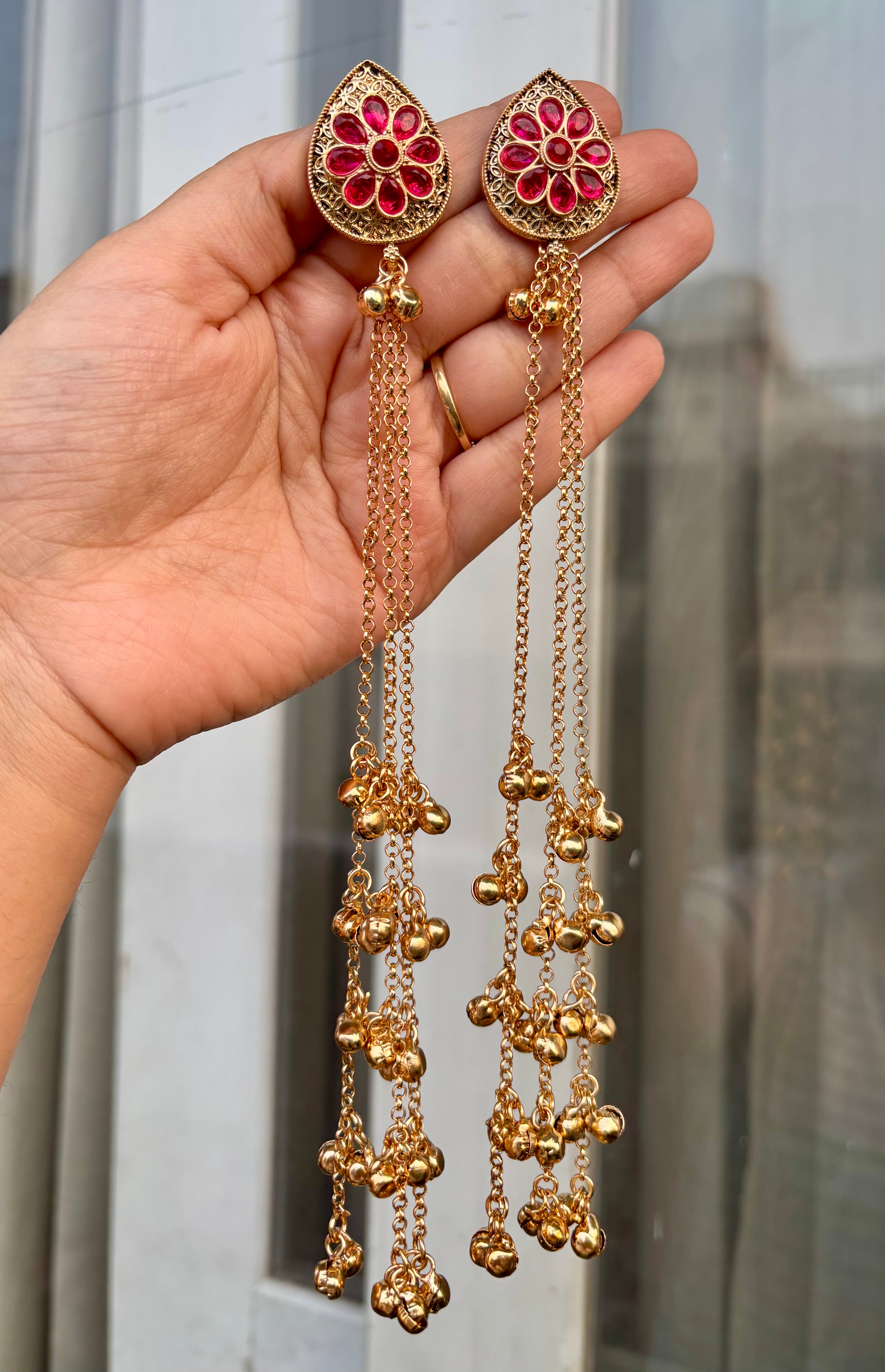 Almond Pink Stud Kashmiri Long Layer Ghungroo Earrings