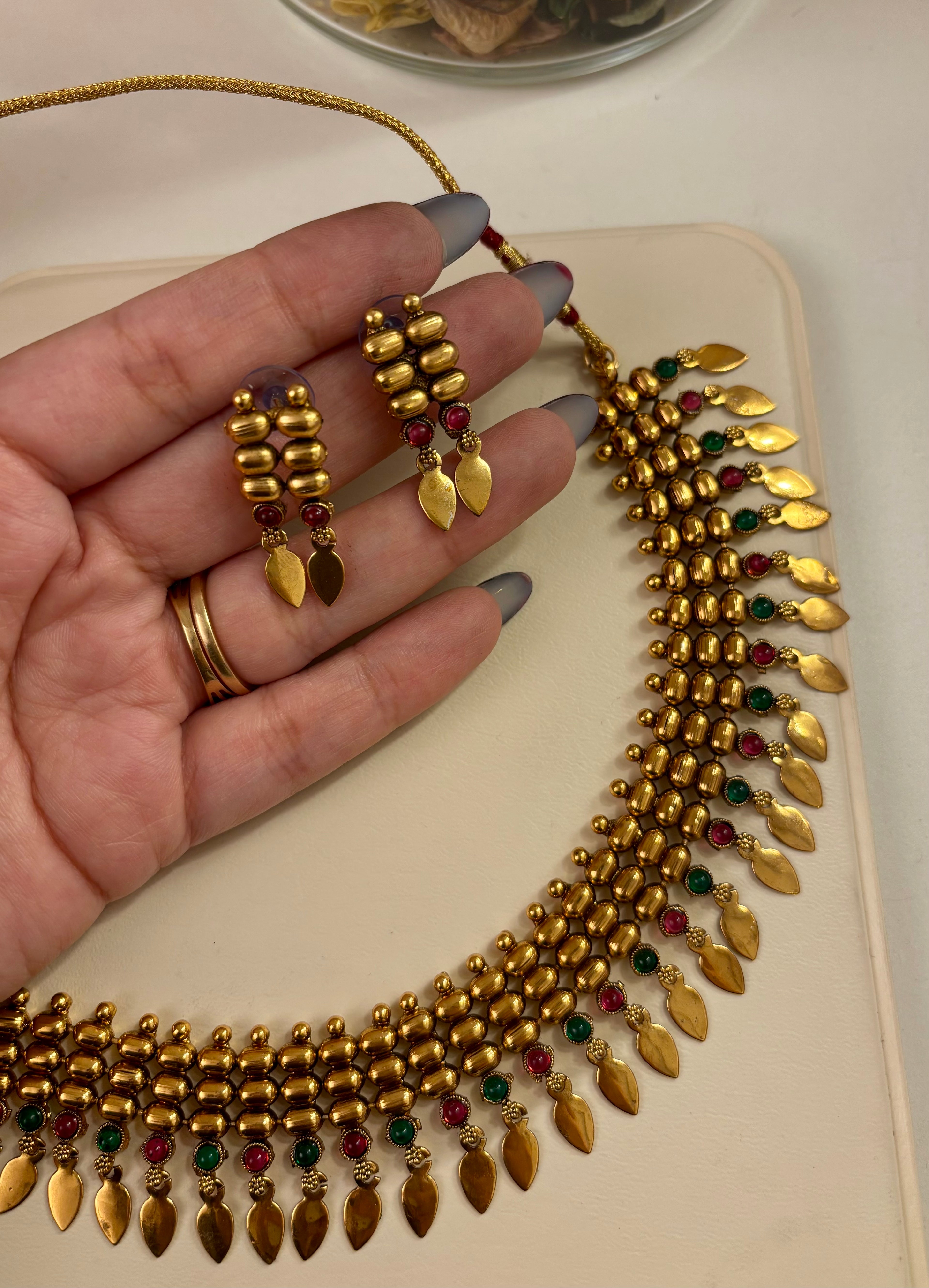 Antique Gold Look Like Necklace With Earrings (Ruby & Green)