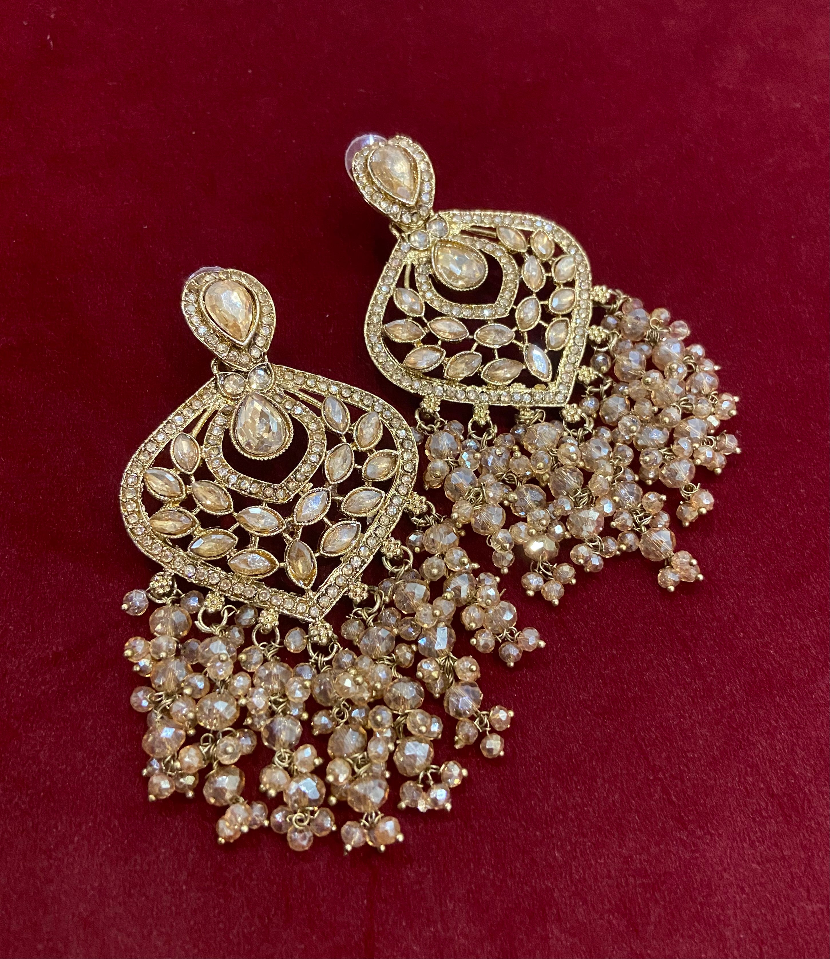Latika Champagne Earrings With Crystal Beads Work