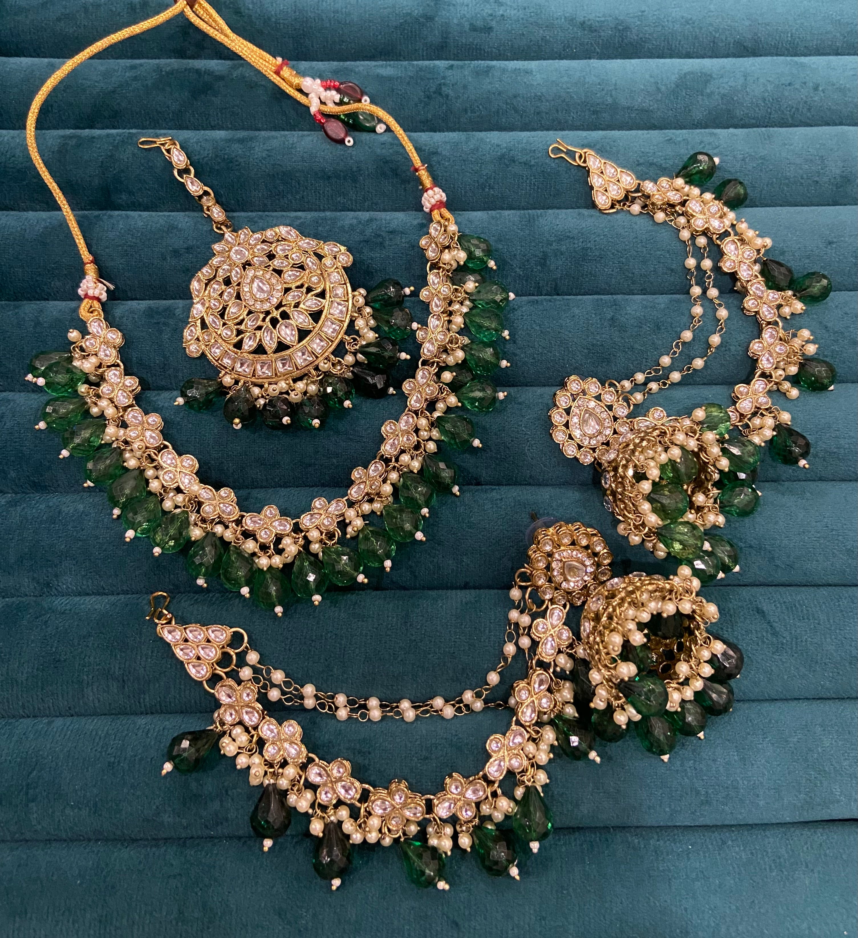 Zeenat Choker Set With Mang Tikka & Jhumkas With Side Layer ( Green )
