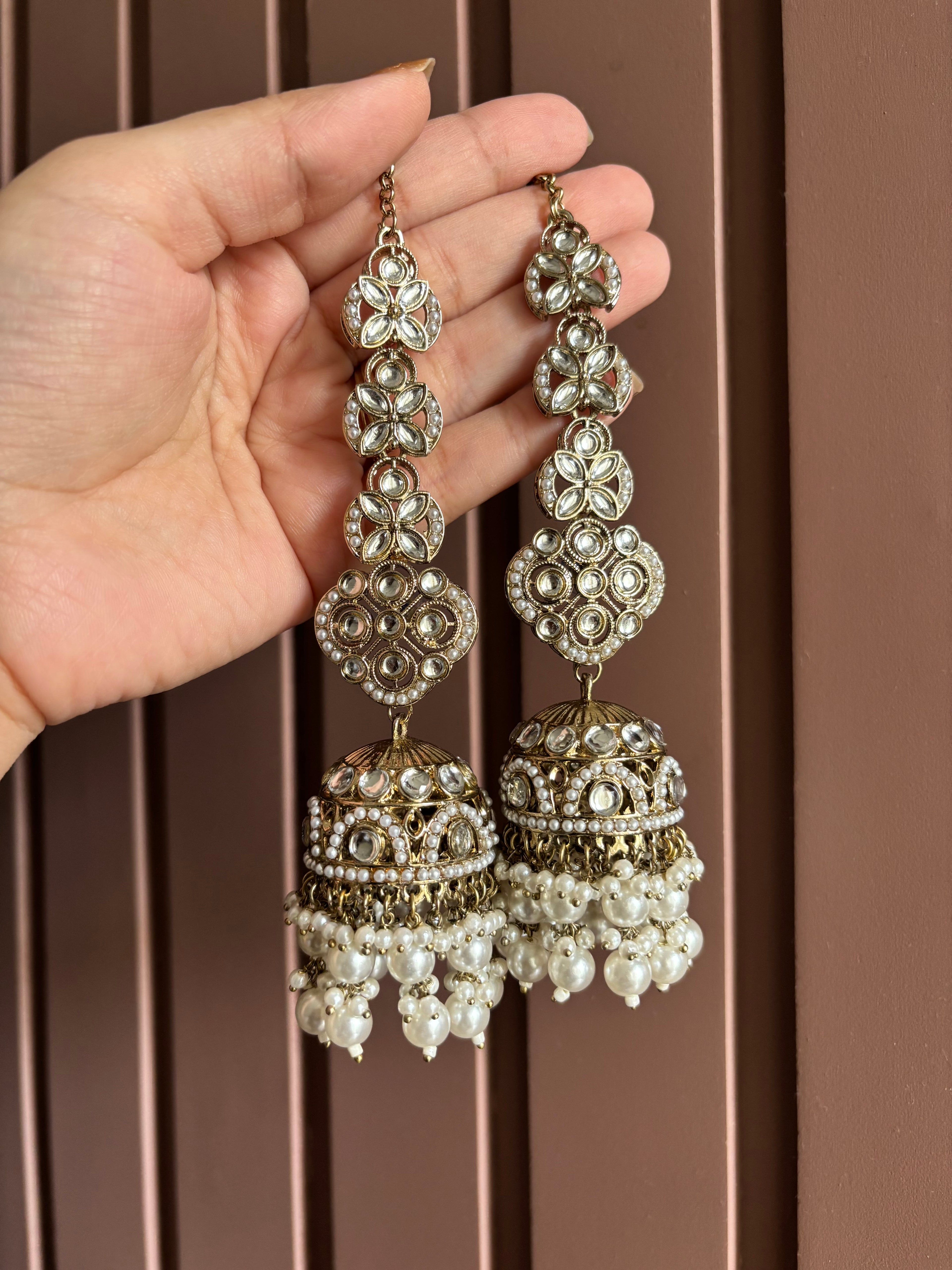 High Quality Designer Pearl Touch Kundan Jhumkas With Sahara