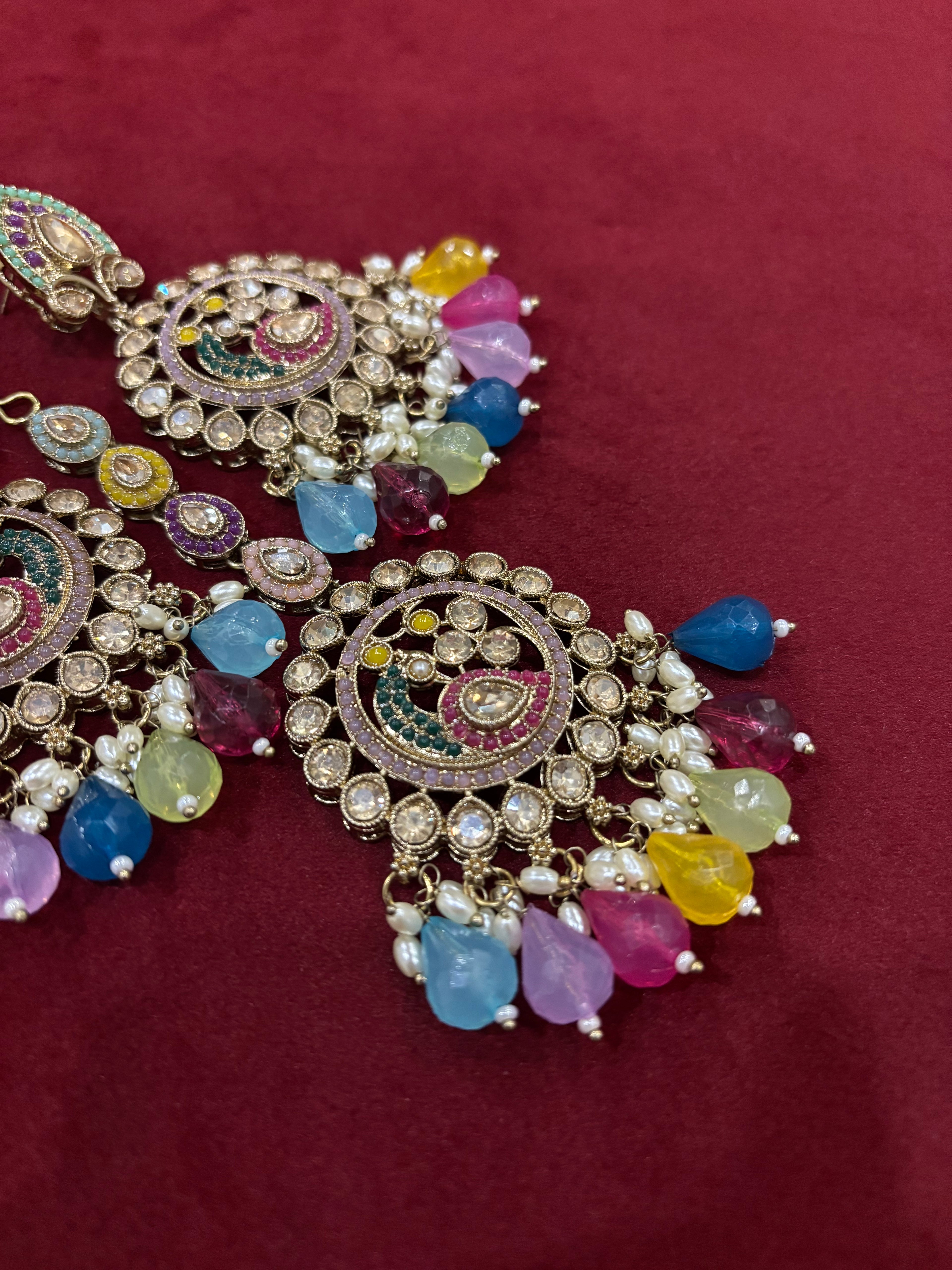 High Quality Designer Multi Peacock Mang Tikka With Earrings