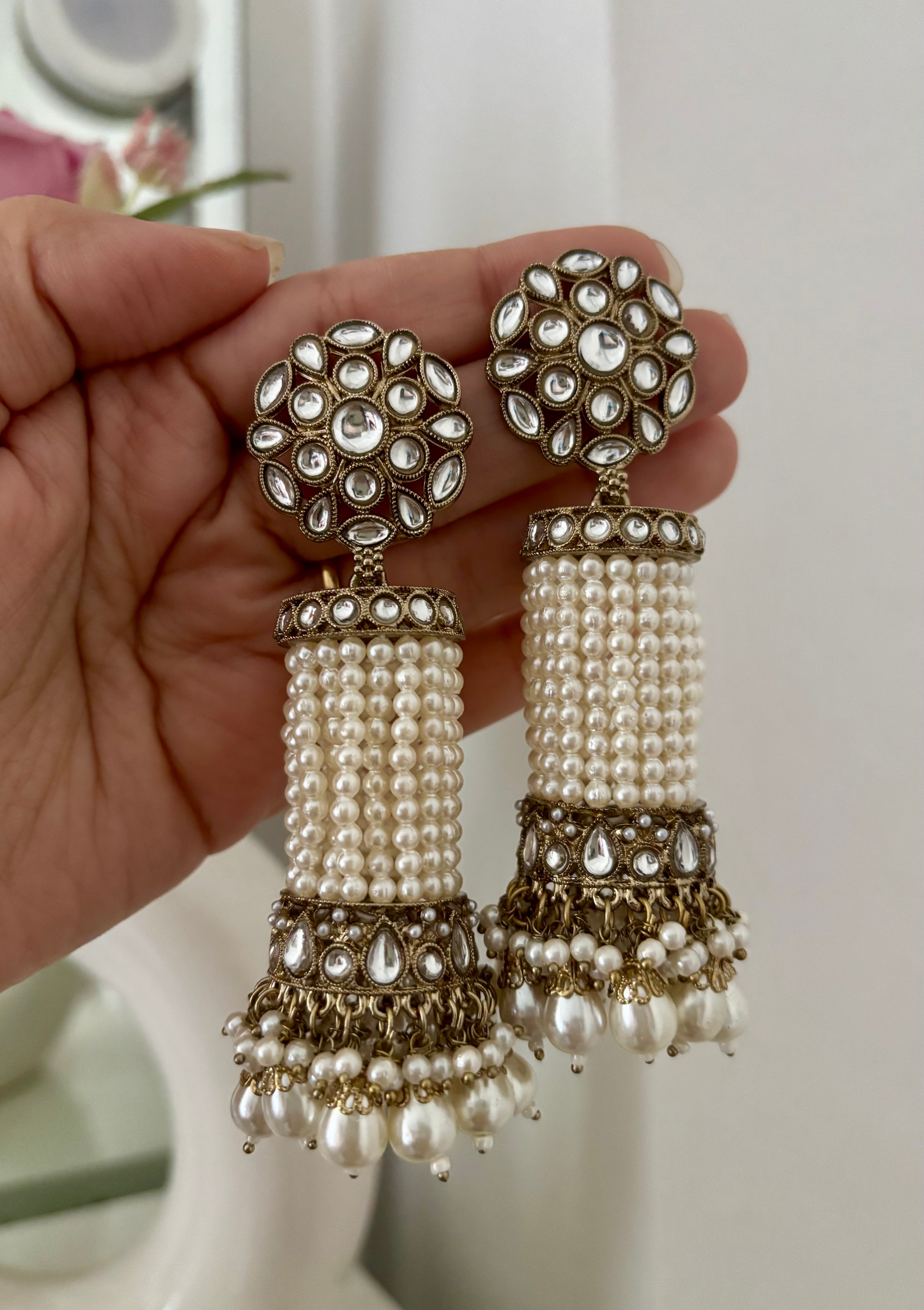 High Quality Designer Kundan & Pearls Touch Flower Jhumkas