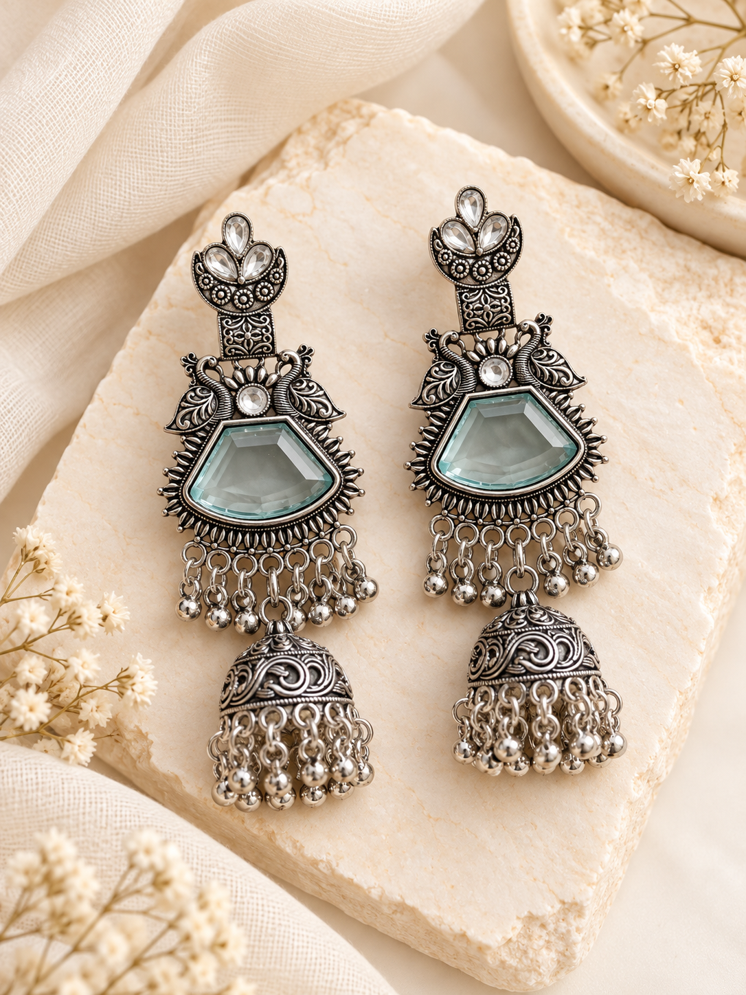 Safeena Silver Jhumkas (Turquoise)
