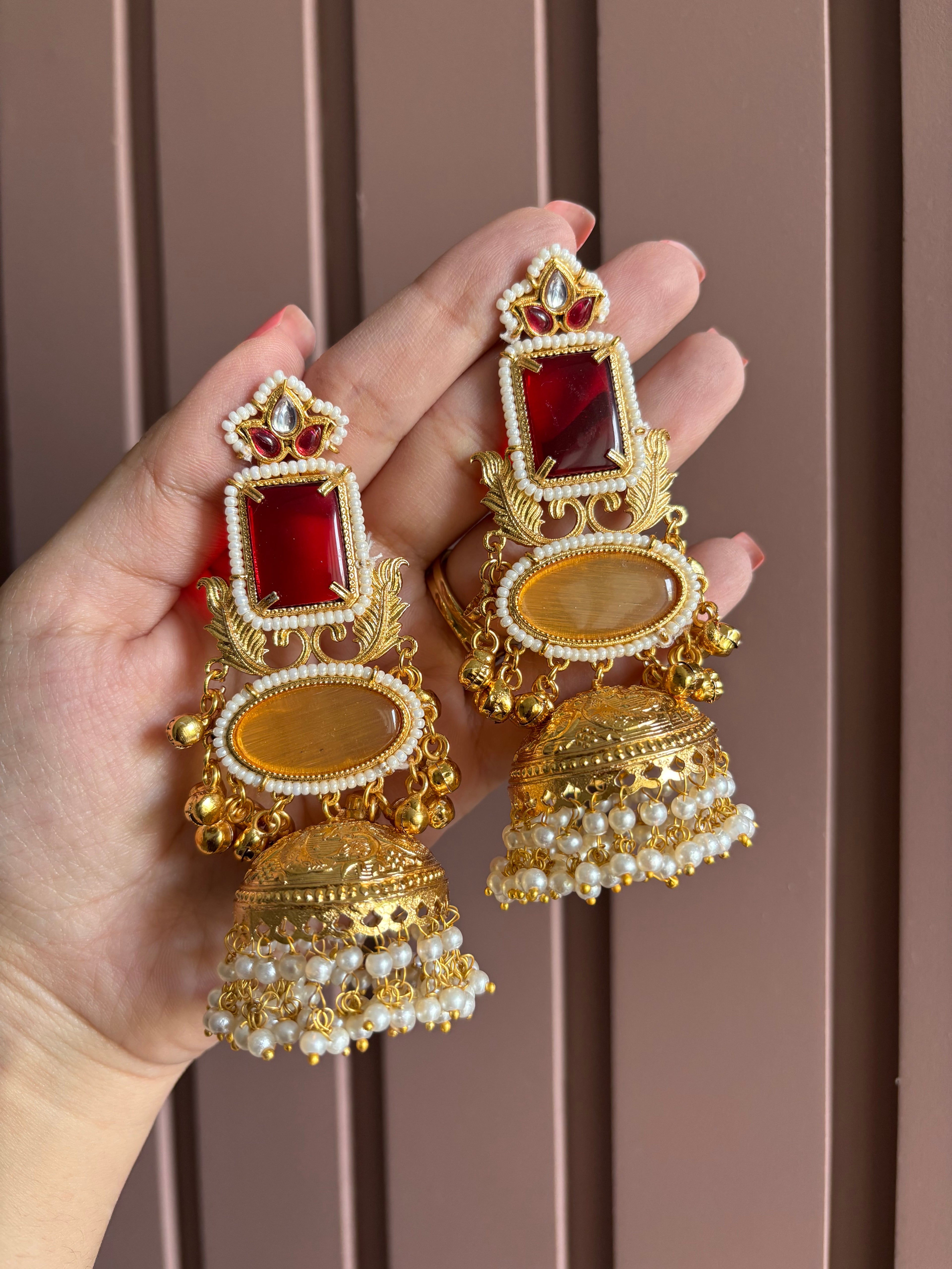 Classy Brass Jhumkas (Maroon & Yellow)