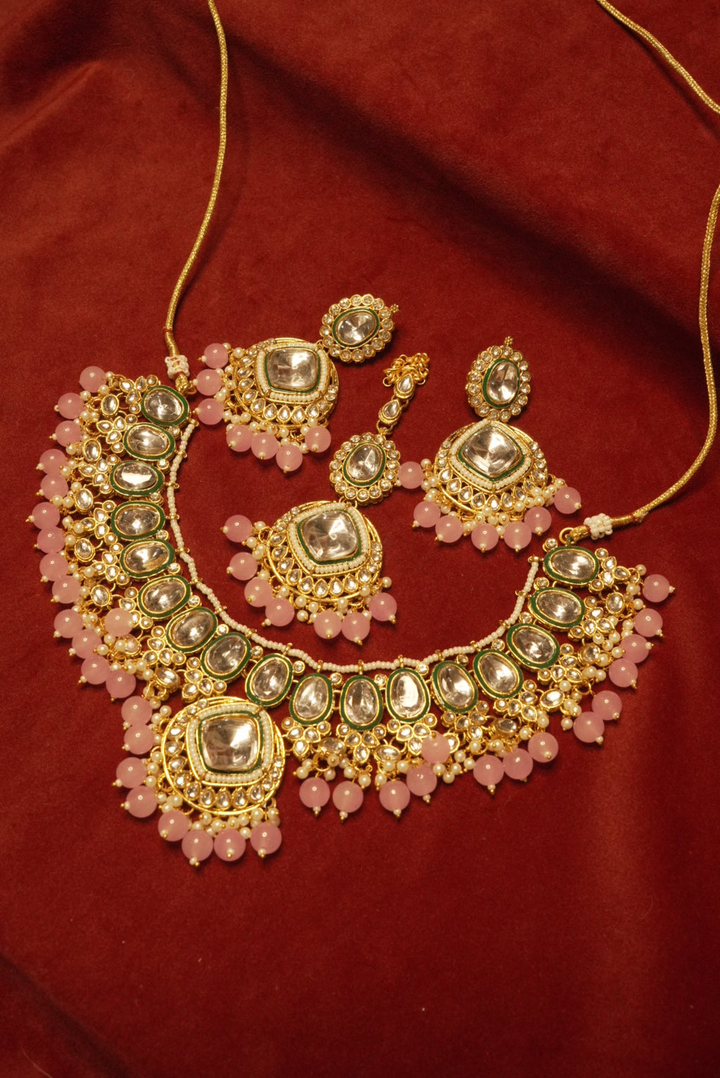 Lavender Kundan Dupe Necklace With Mang Tikka & Earrings