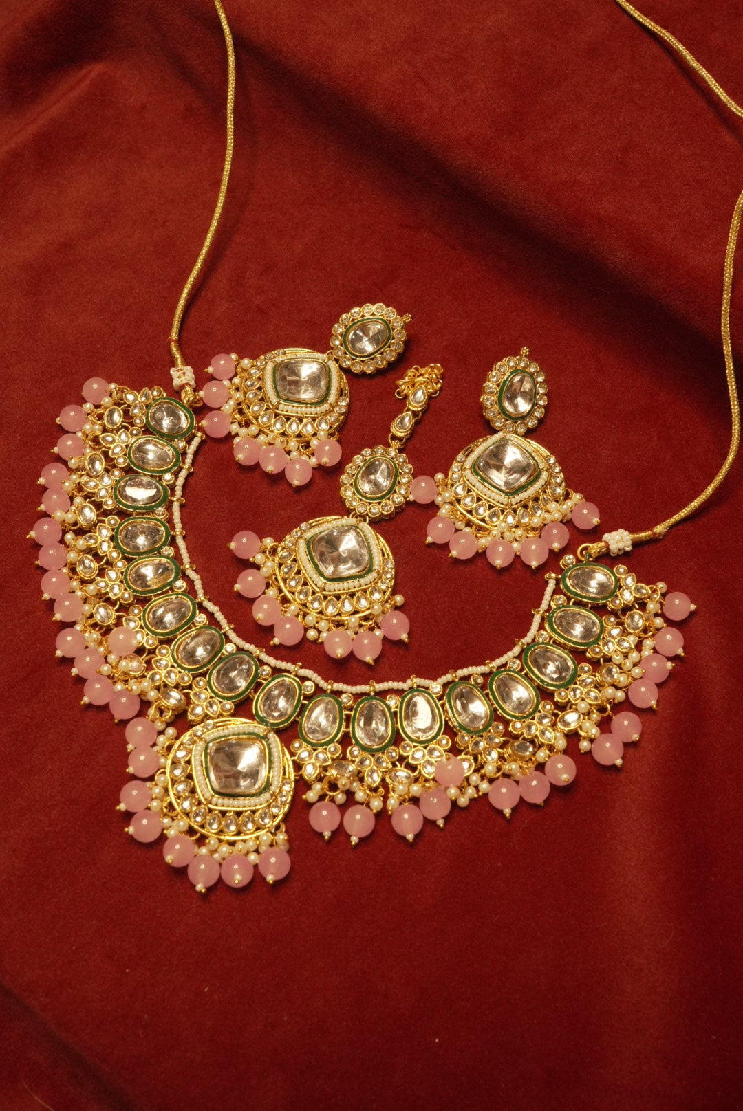 Lavender Kundan Dupe Necklace With Mang Tikka & Earrings